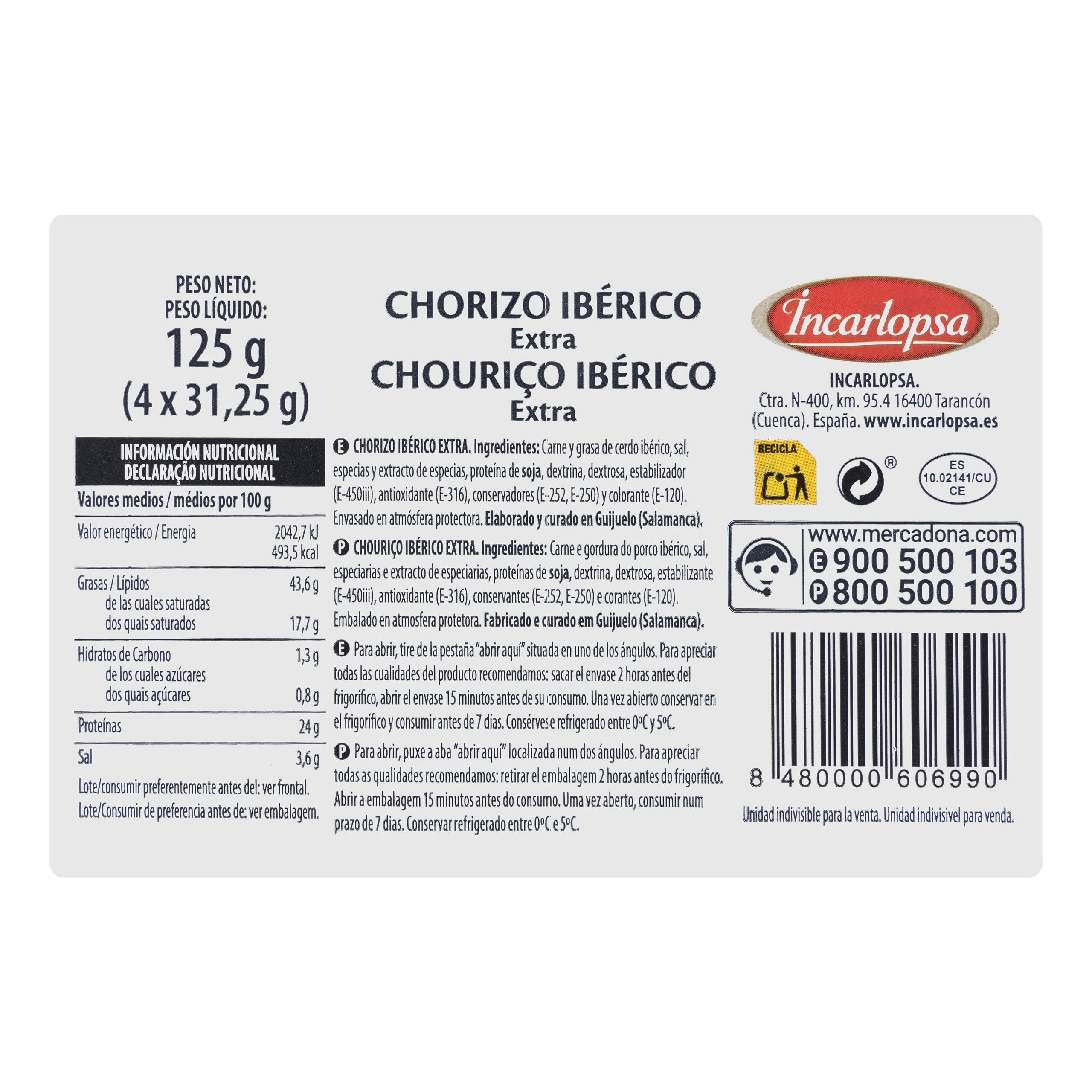 Etiqueta Chorizo ibérico extra La Hacienda del ibérico lonchas
