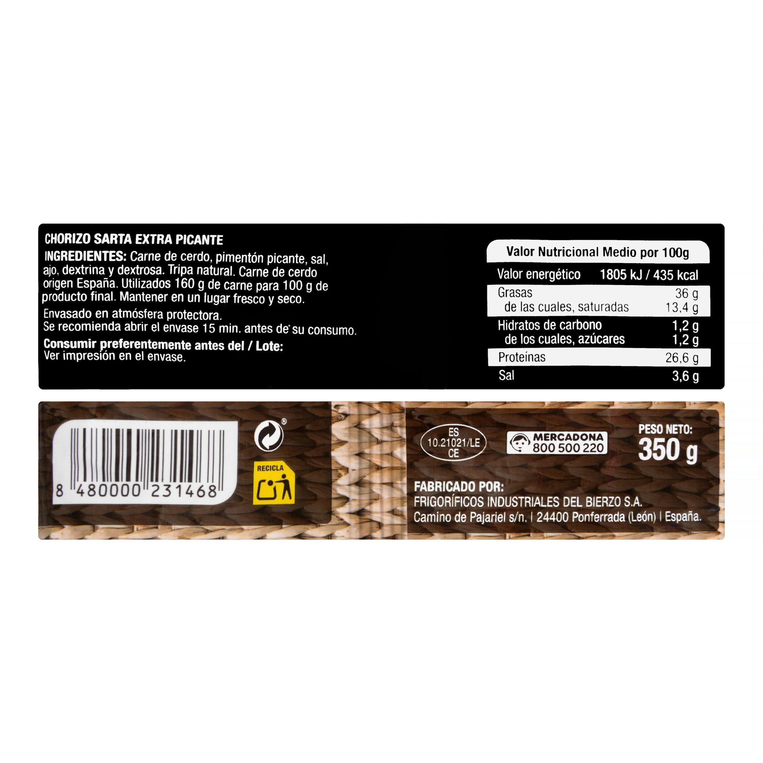 Etiqueta Chorizo sarta extra picante y ahumado De León