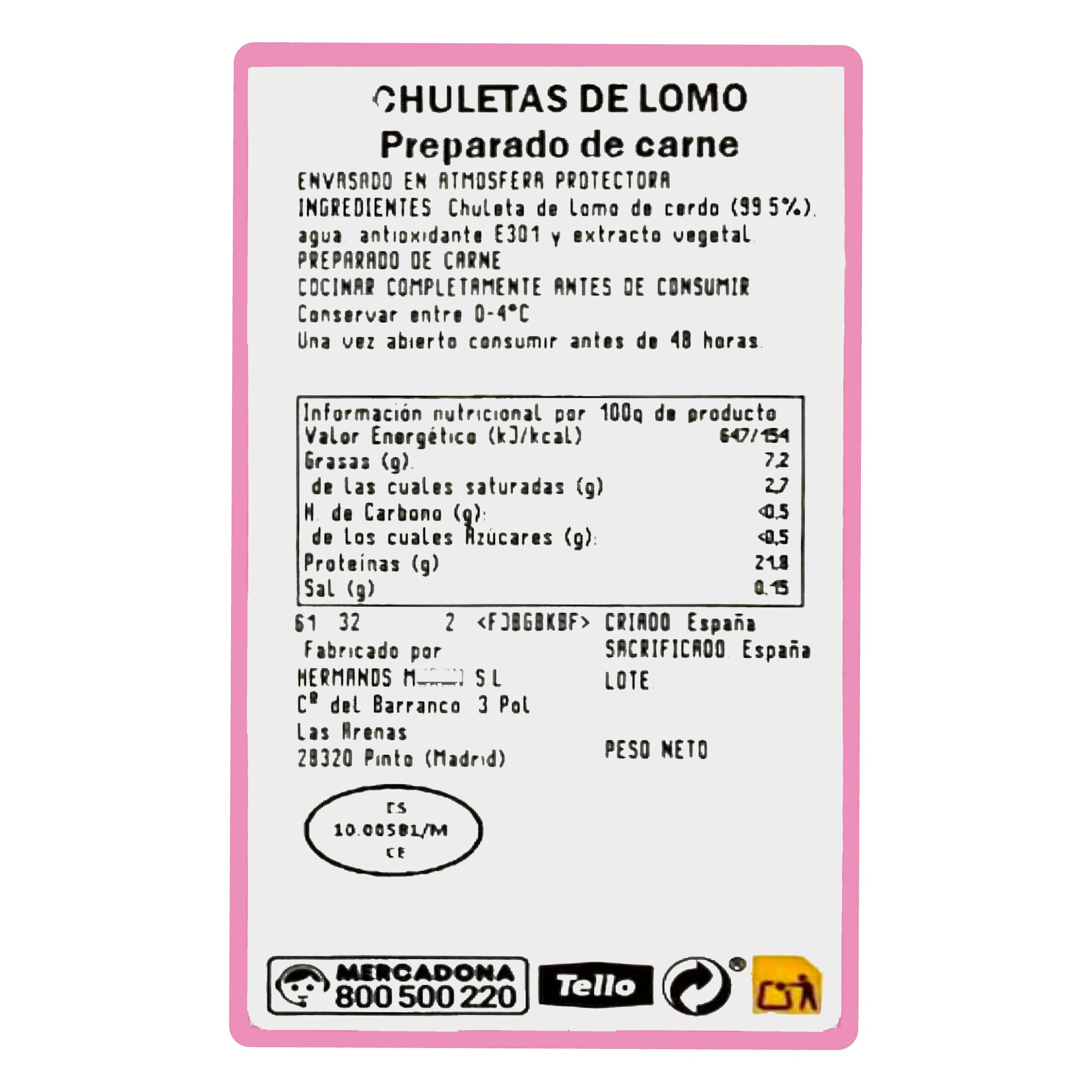 Etiqueta Chuletas lomo de cerdo