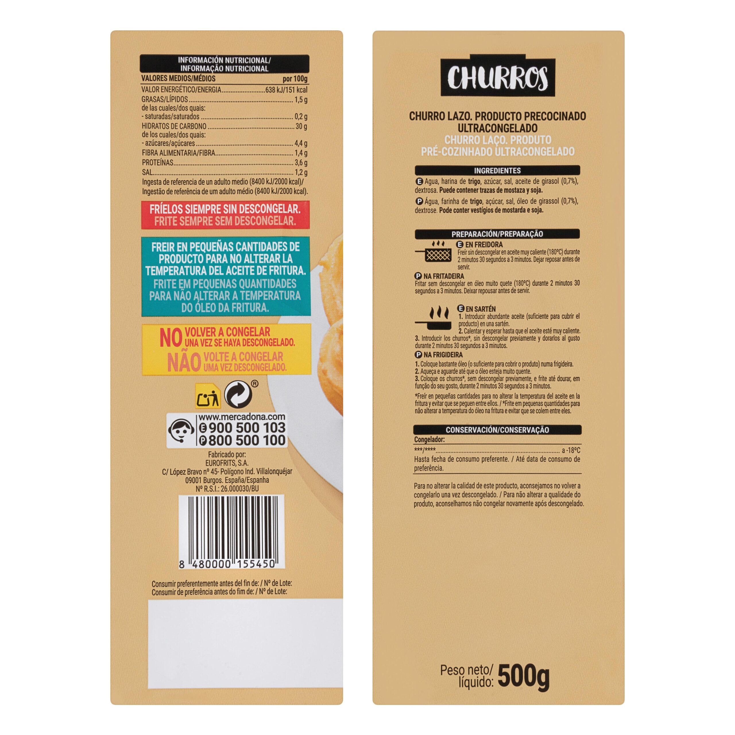 Etiqueta Churros Hacendado ultracongelados