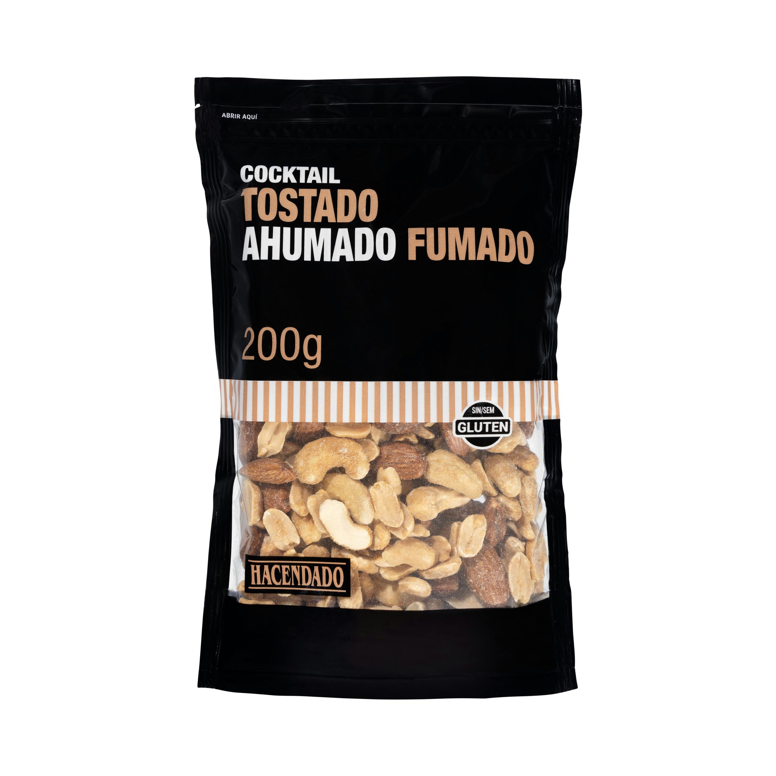 Cocktail tostado y ahumado Hacendado compuesto por cacahuete, anacardo y almendra Mercadona