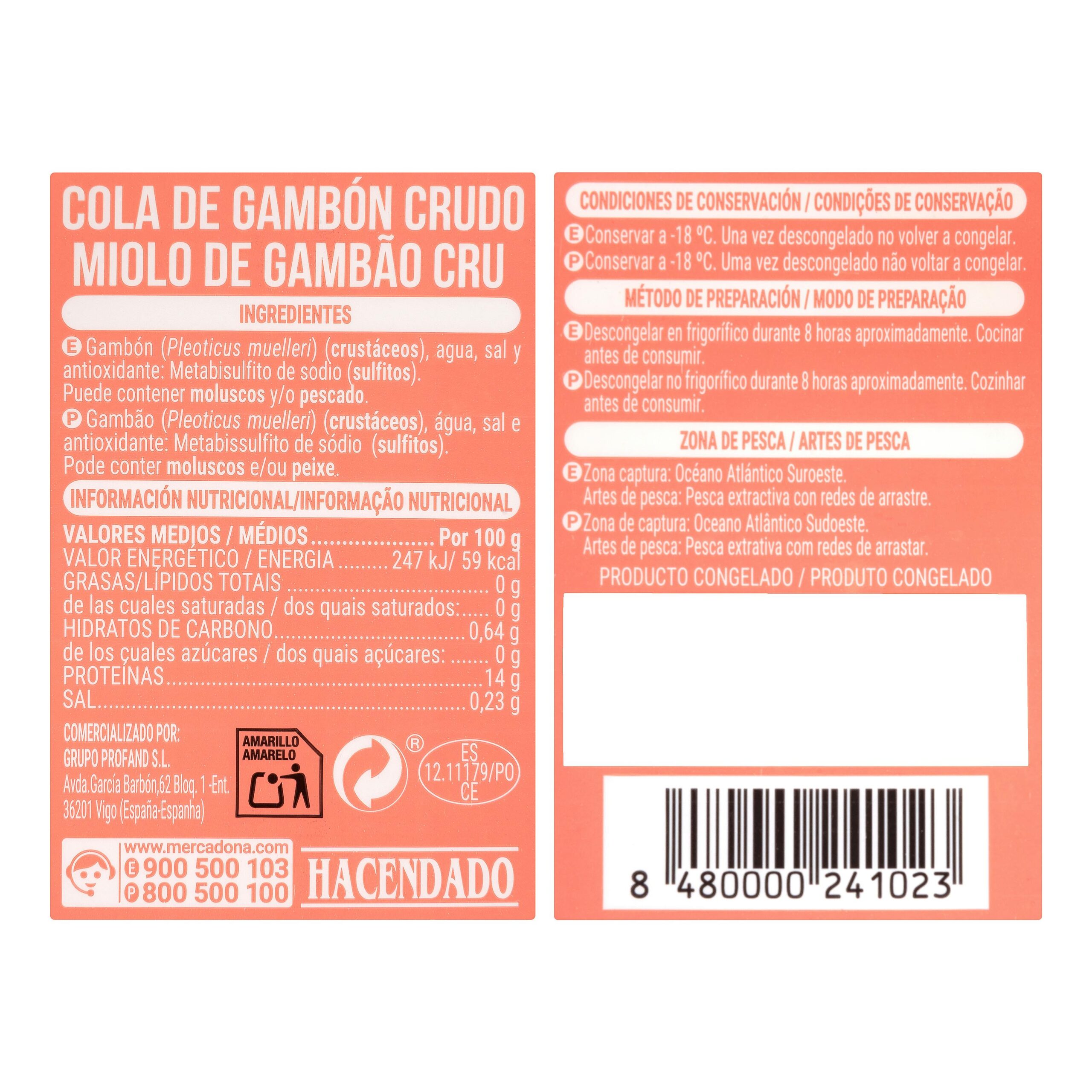 Etiqueta Colas de gambón crudo Hacendado congelado