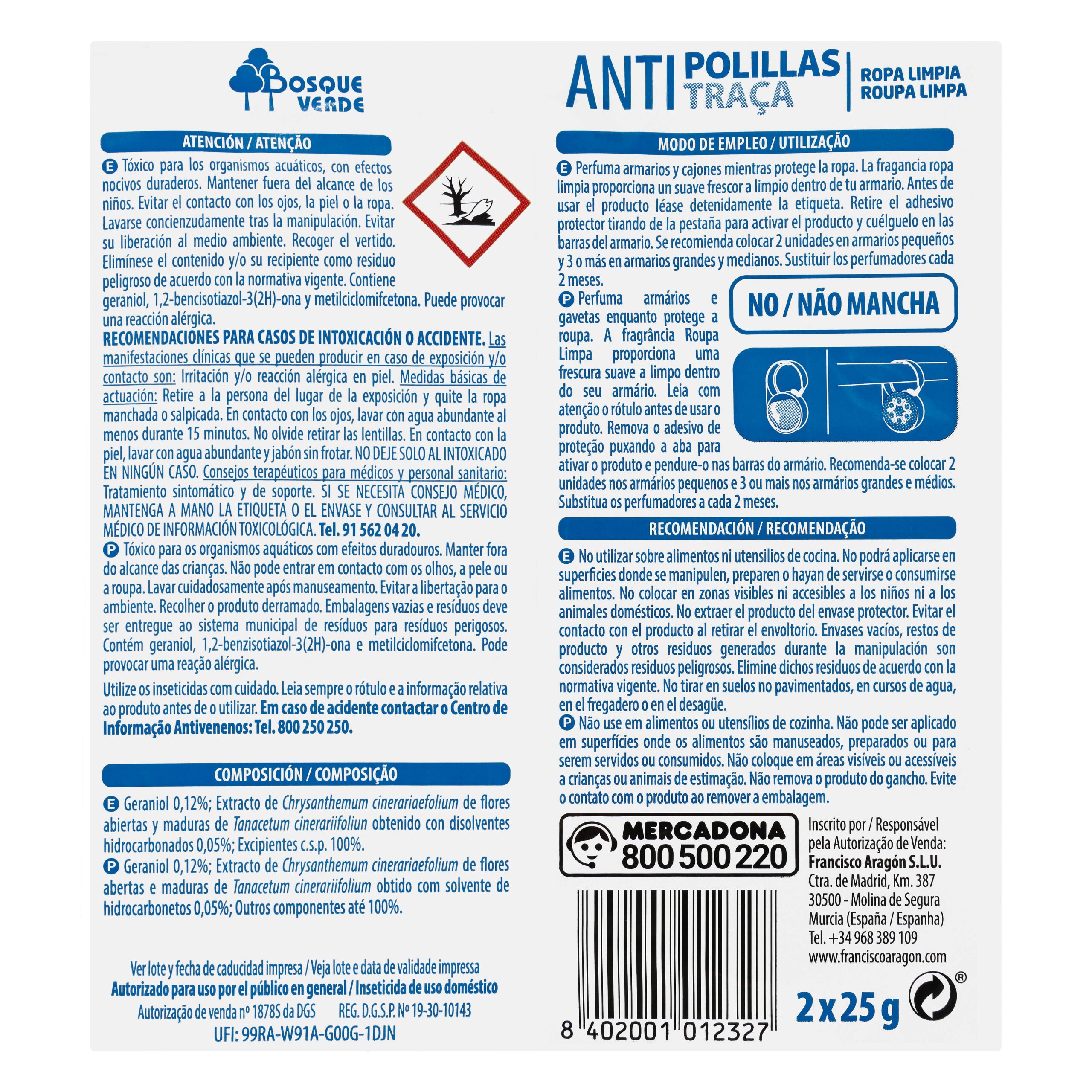 Etiqueta Colgador antipolillas Ropa Limpia Bosque Verde