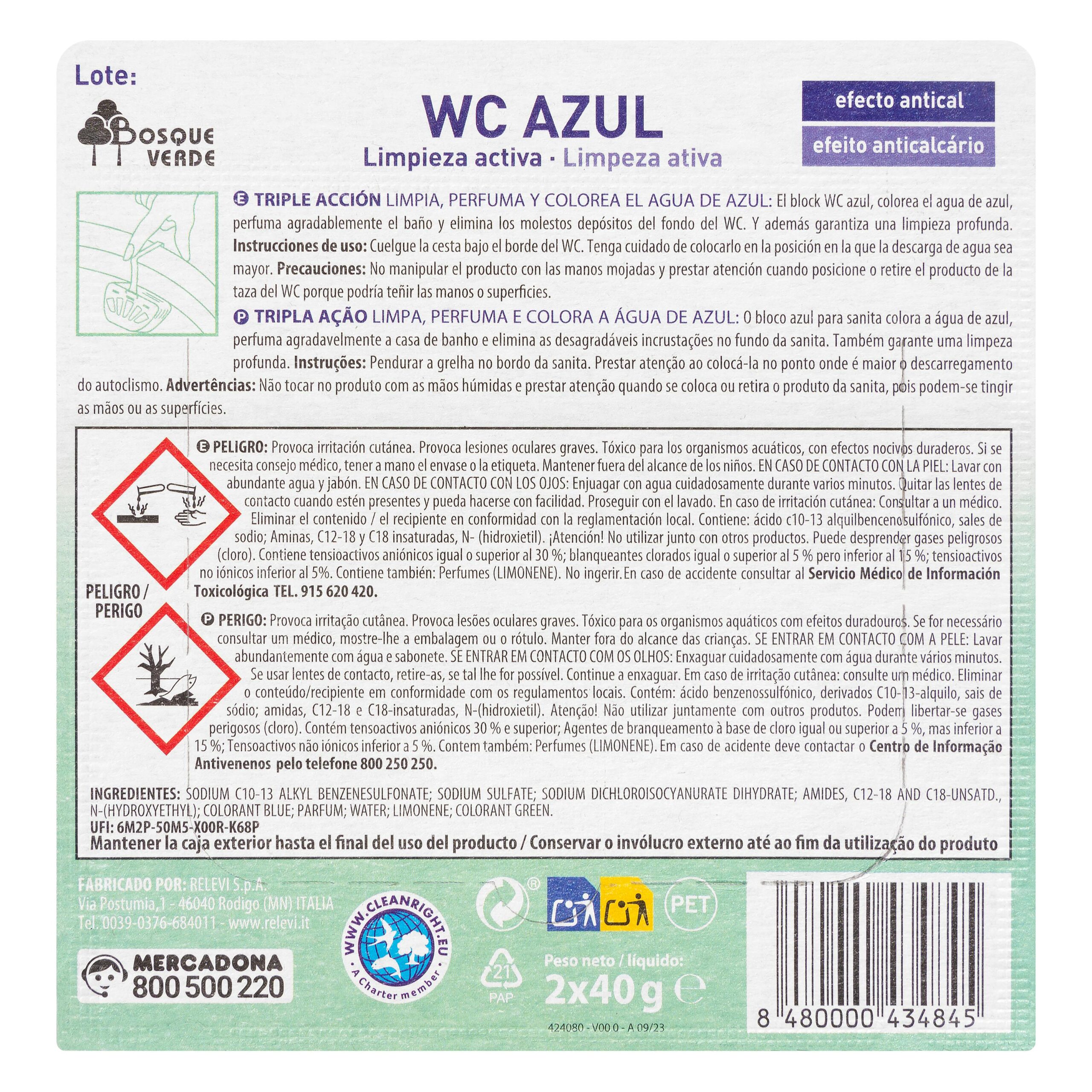 Etiqueta Colgador WC Azul limpieza activa Bosque Verde triple acción