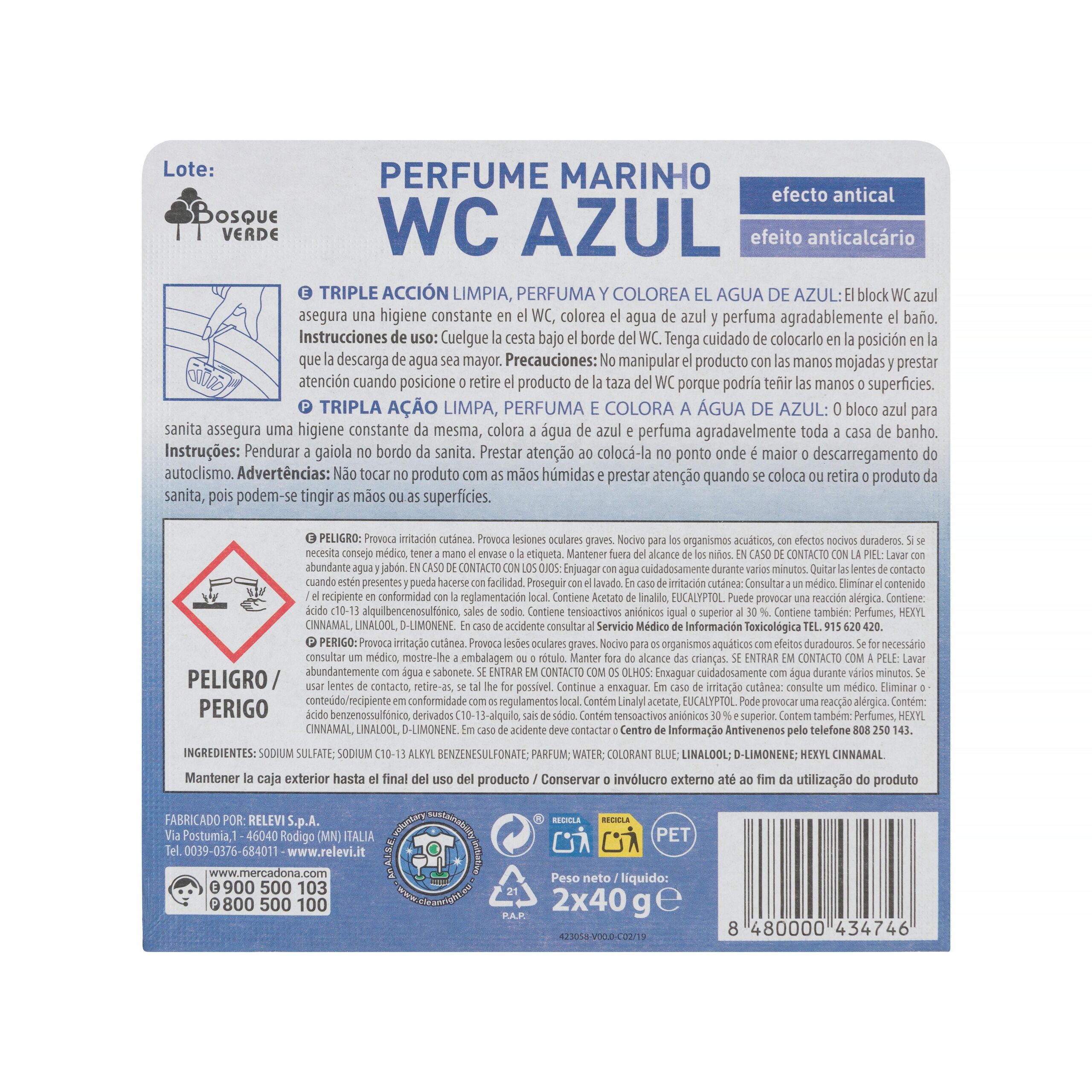 Etiqueta Colgador WC Azul perfume marino Bosque Verde triple acción