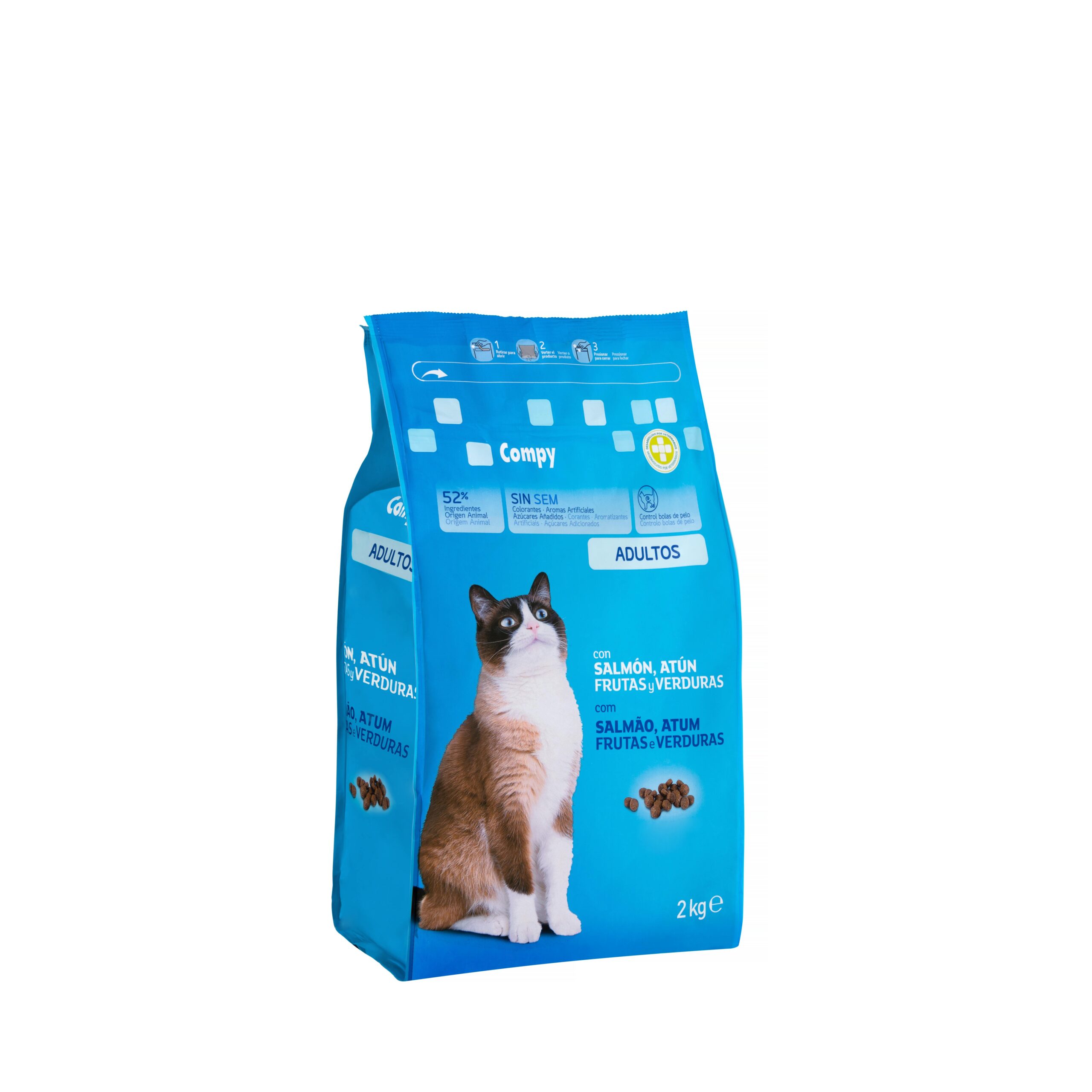 Comida gato adulto Compy con salmón, atún, frutas y verduras Comida gato adulto Compy con salmón