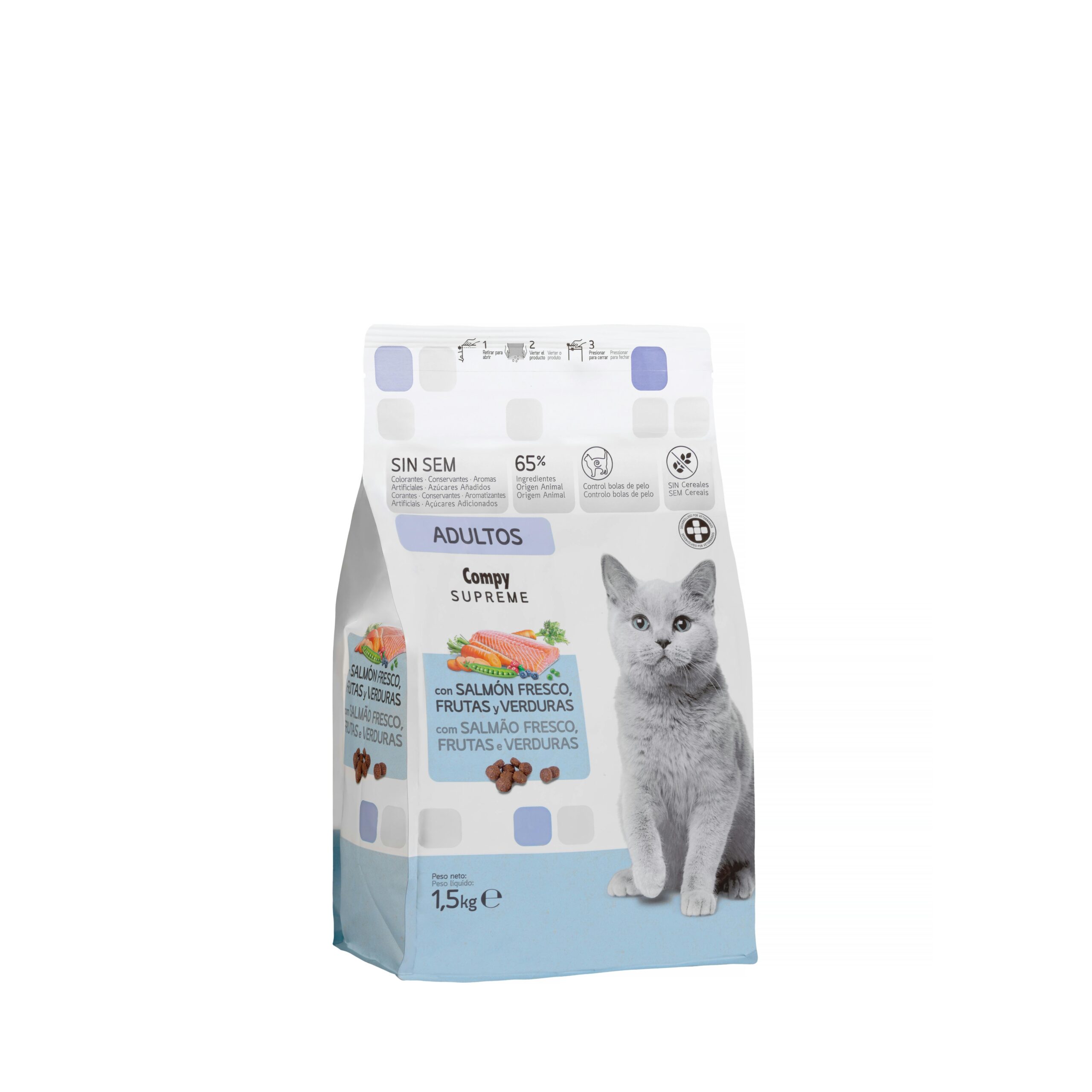 Comida gato adulto Supreme Compy con salmón, frutas y verduras Mercadona