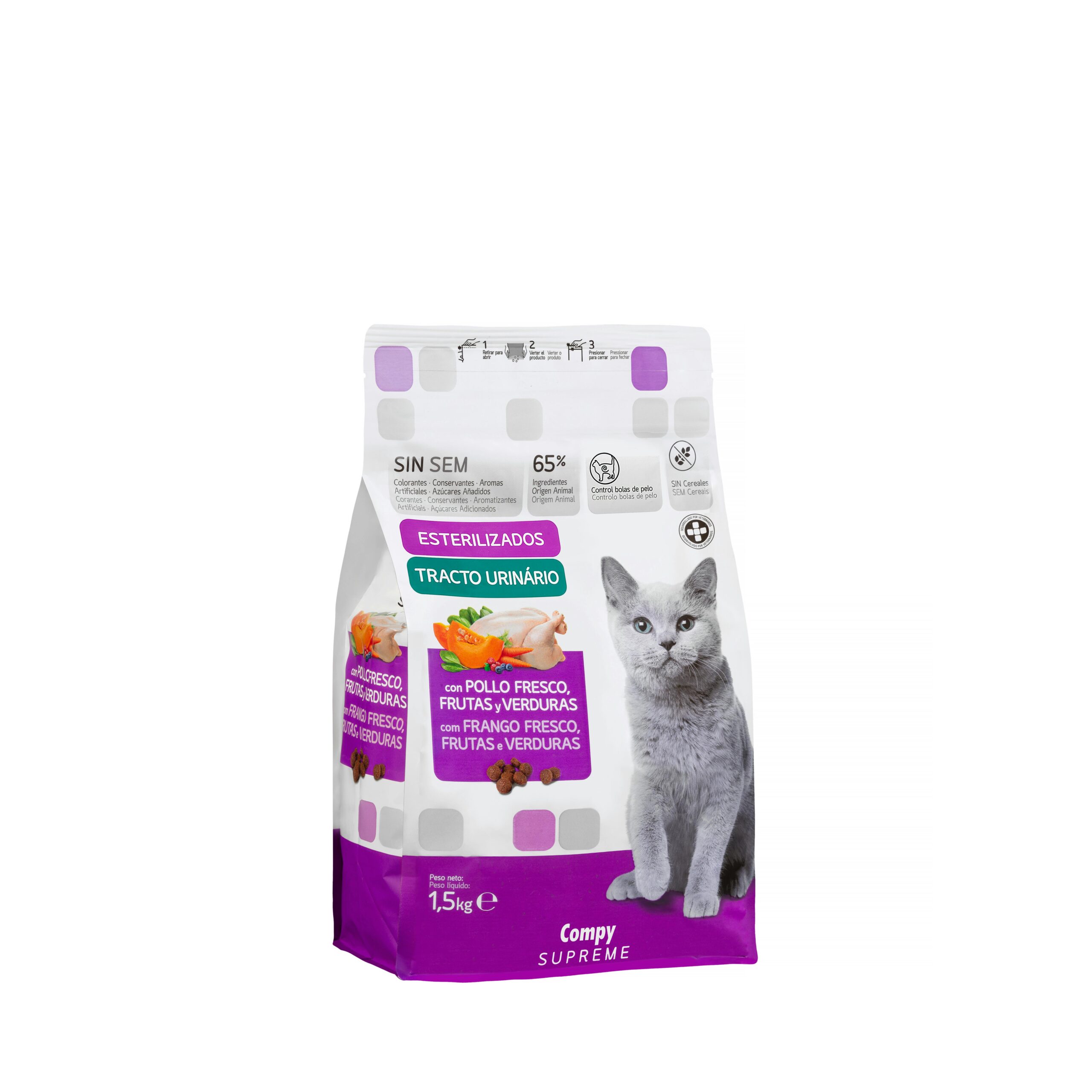 Comida gato esterilizado light Supreme Compy con pollo fresco, frutas y verduras Comida gato esterilizado light Supreme Compy con pollo fresco