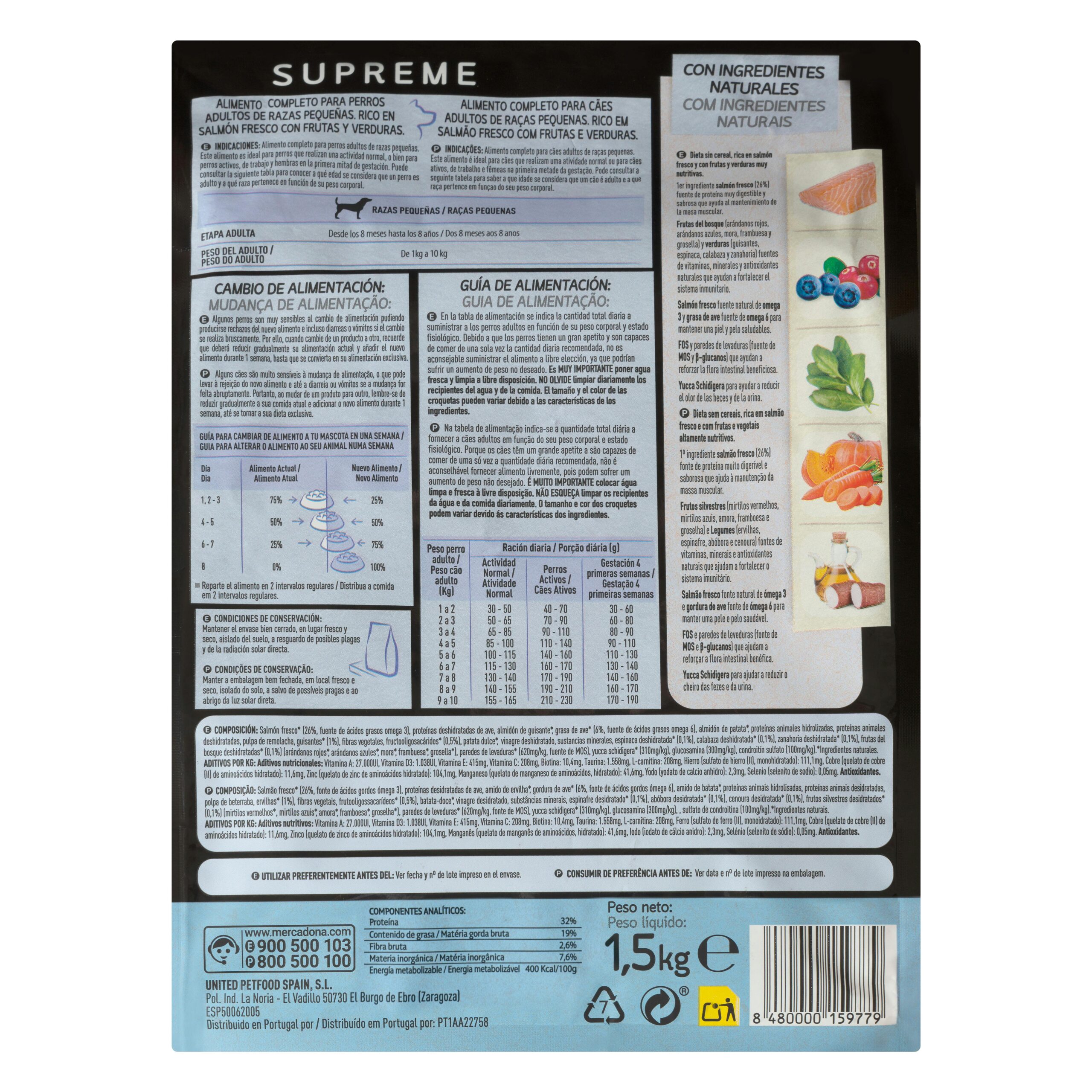 Etiqueta Comida perro adulto Supreme Compy salmón fresco con frutas y verduras razas pequeñas