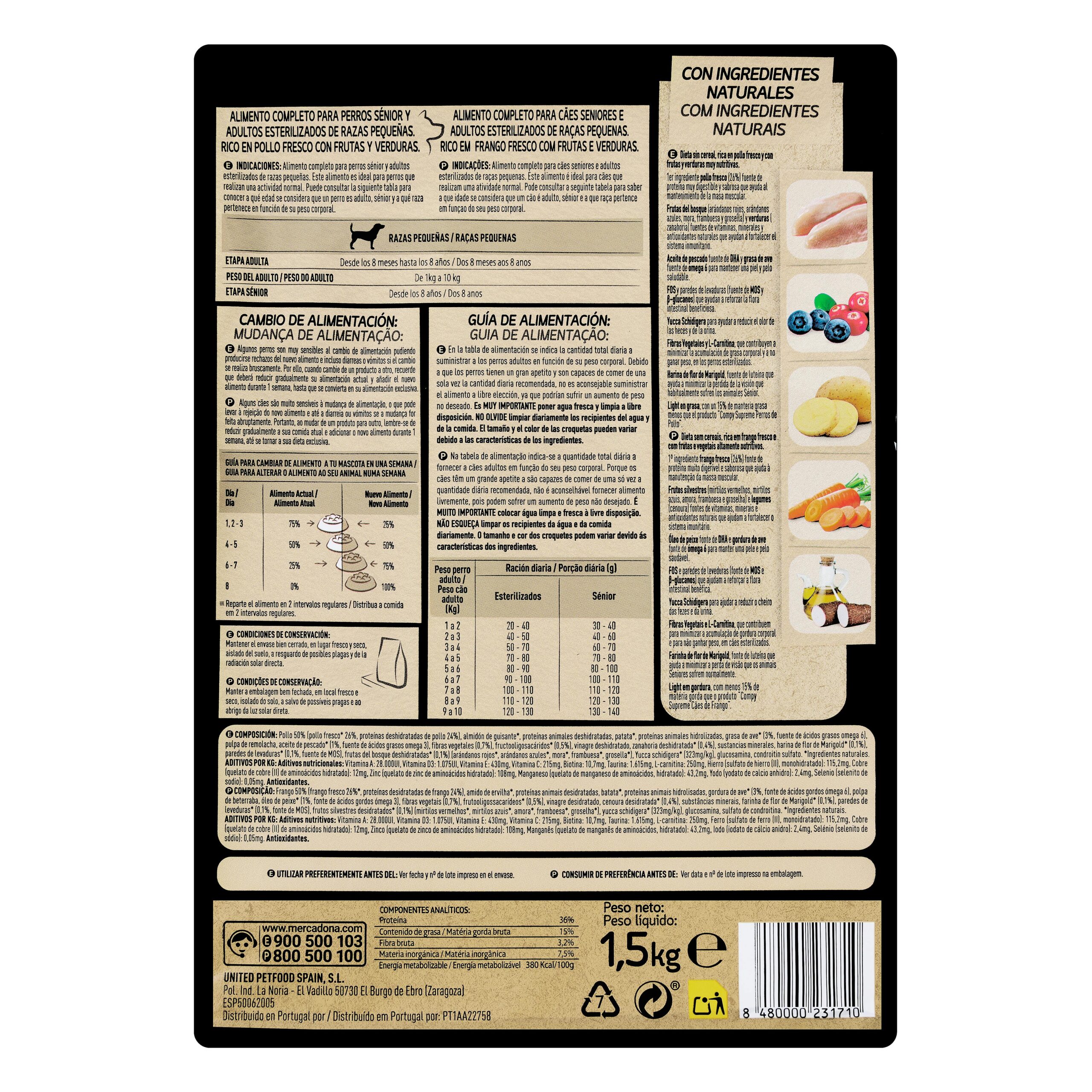 Etiqueta Comida perro sénior esterilizados Supreme Compy pollo fresco con frutas y verduras razas pequeñas