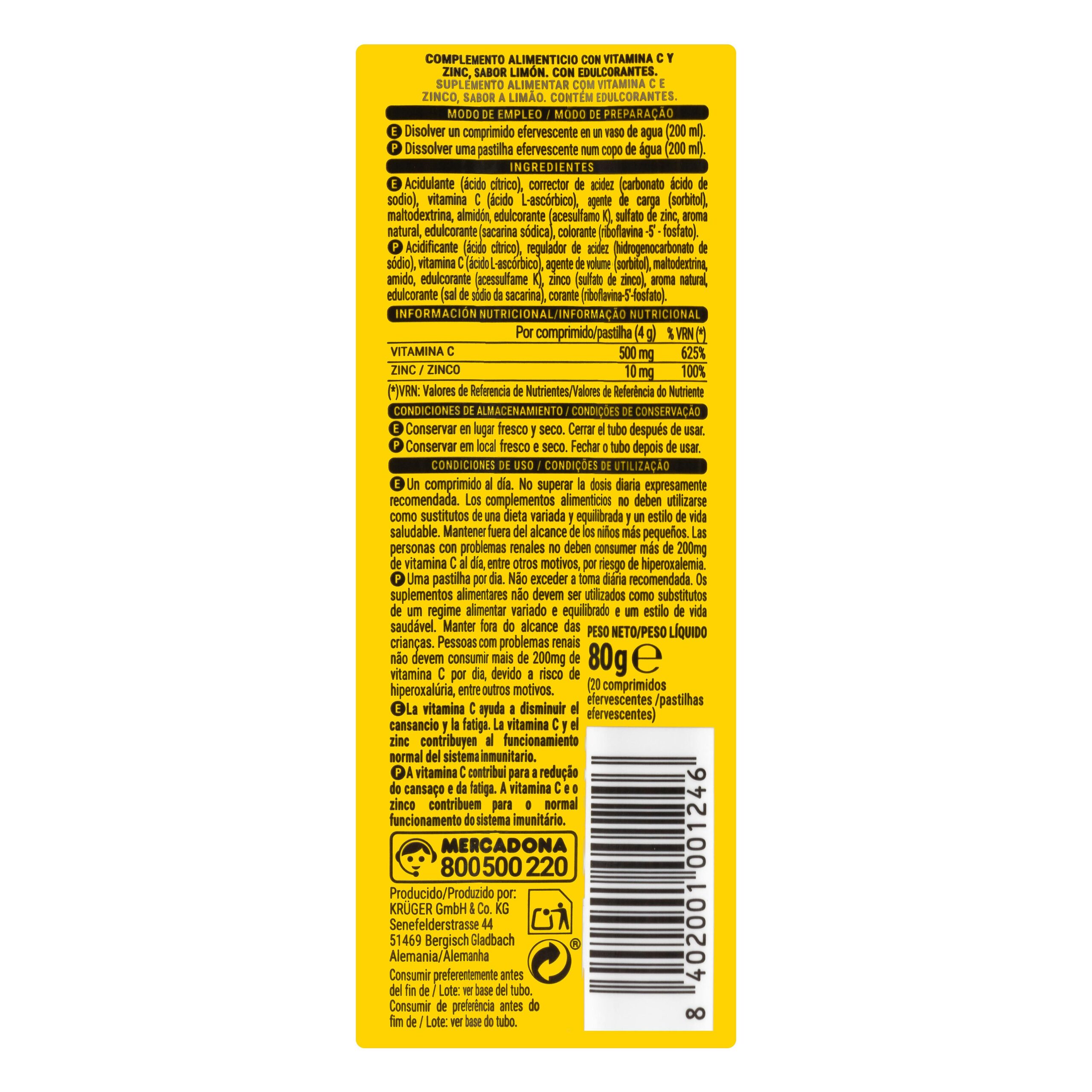 Etiqueta Comprimidos efervescentes vitamina C y zinc Deliplus sabor limón