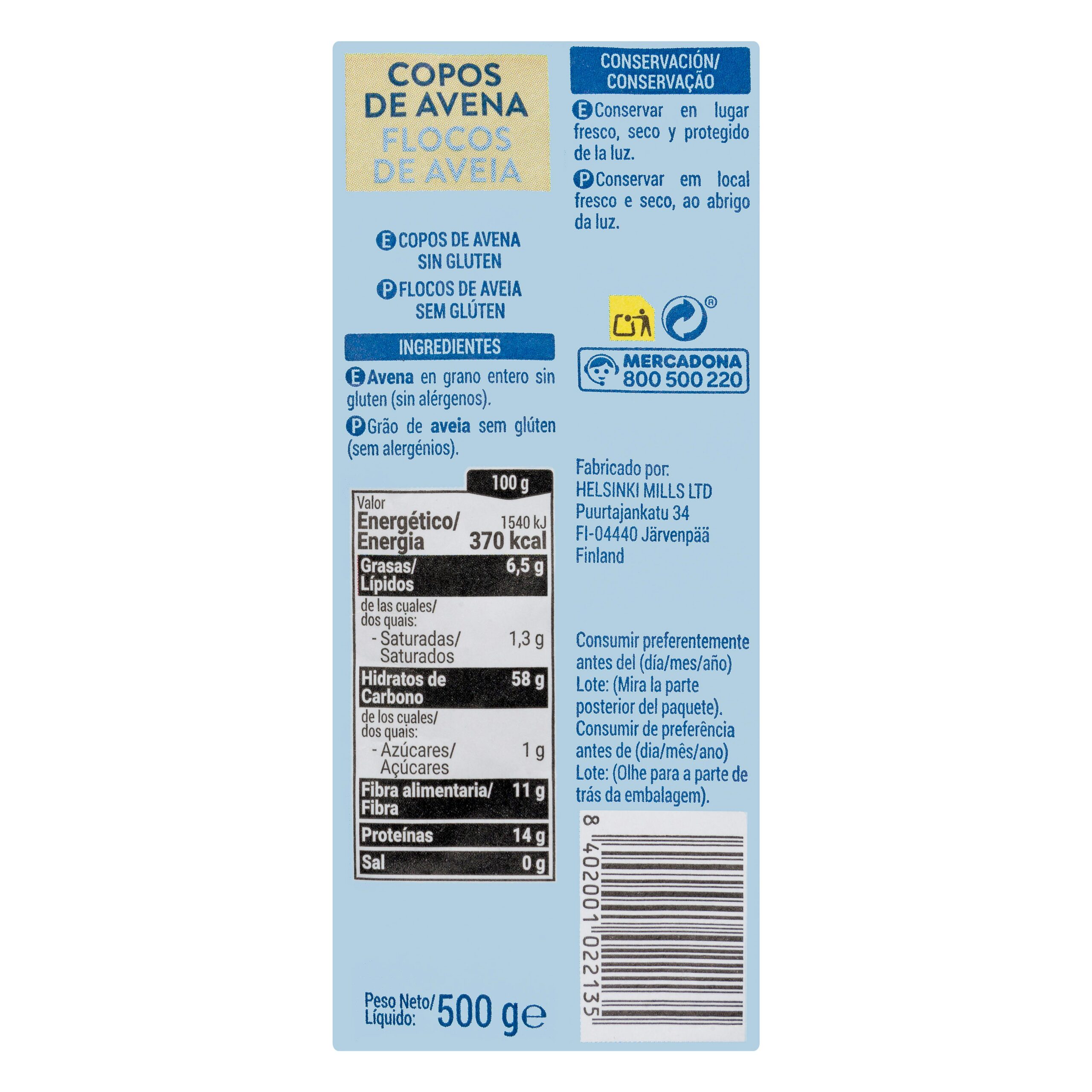 Etiqueta Copos de avena sin gluten Hacendado