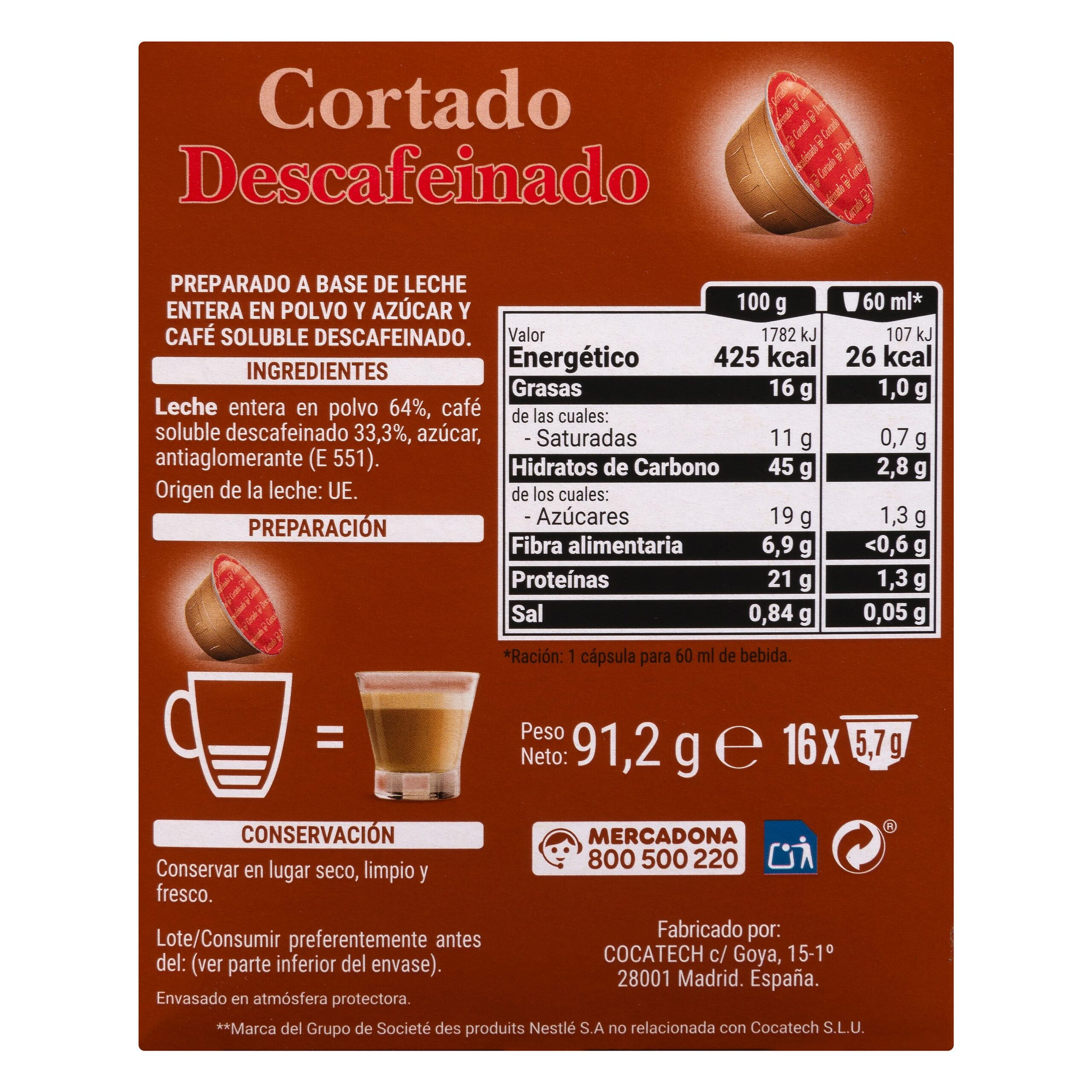Etiqueta Cortado en cápsula descafeinado Hacendado compatibles máquinas Dolce gusto