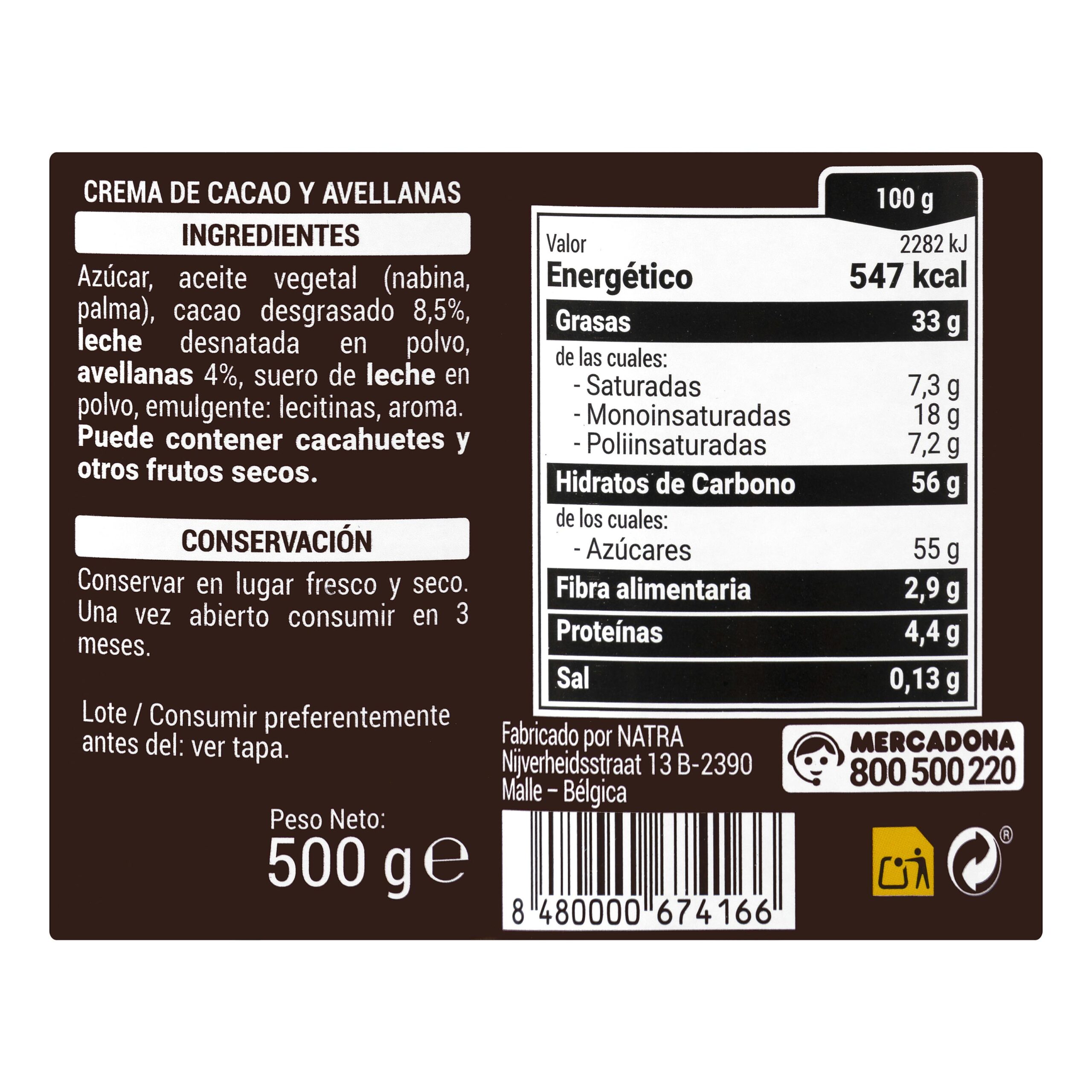 Etiqueta Crema al cacao con avellanas Hacendado