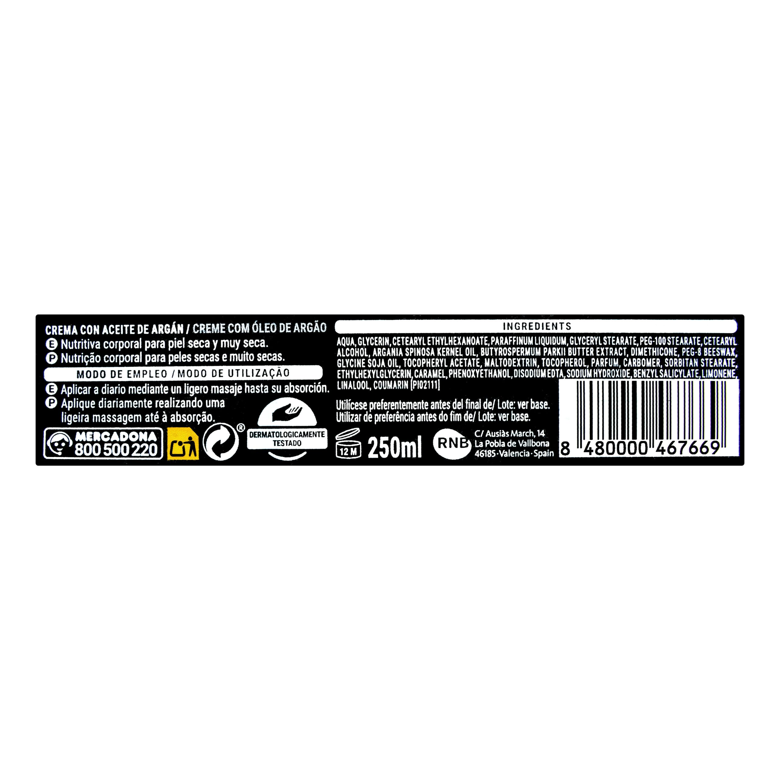 Etiqueta Crema corporal nutritiva Deliplus con aceite de argán piel seca y muy seca