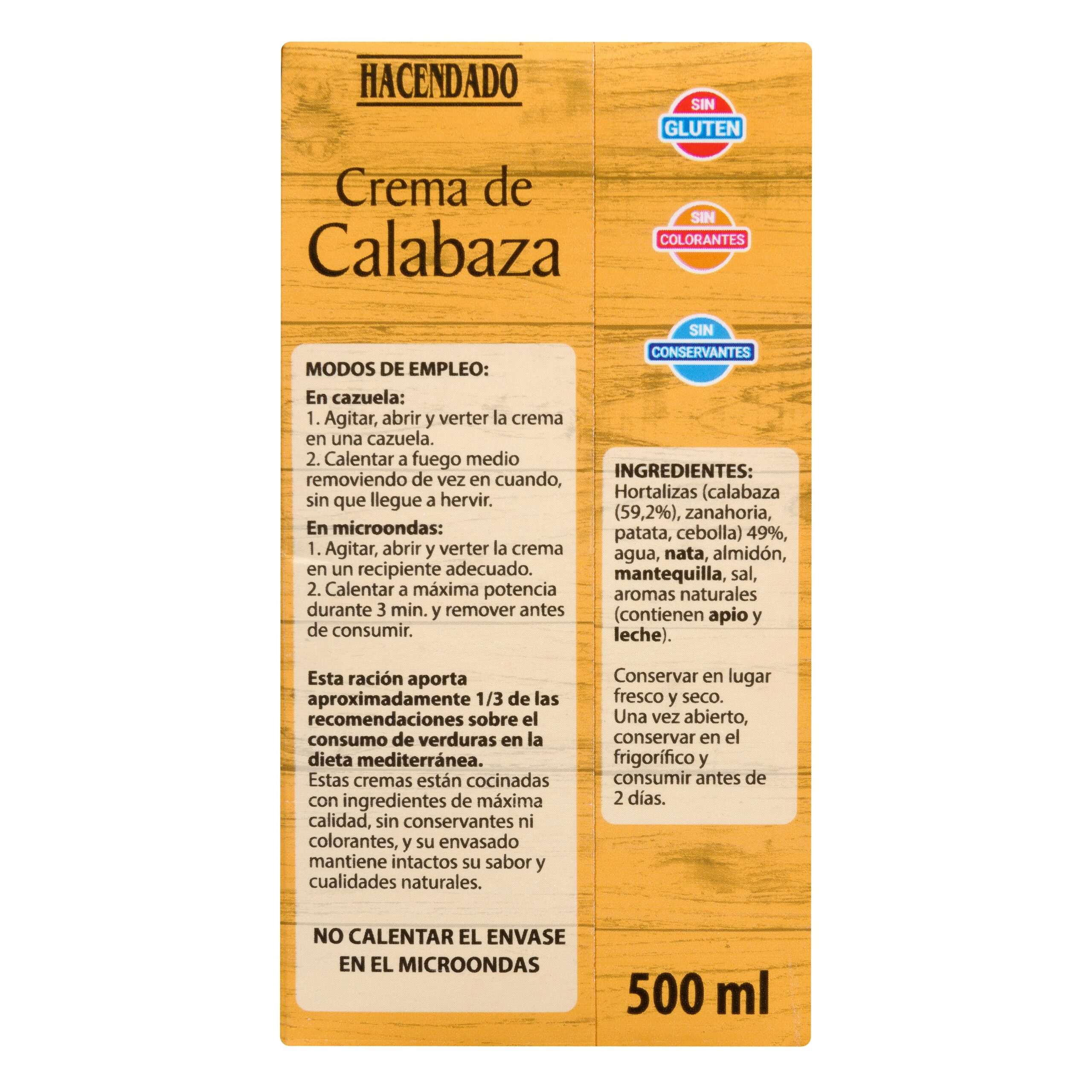 Etiqueta Crema de calabaza Hacendado