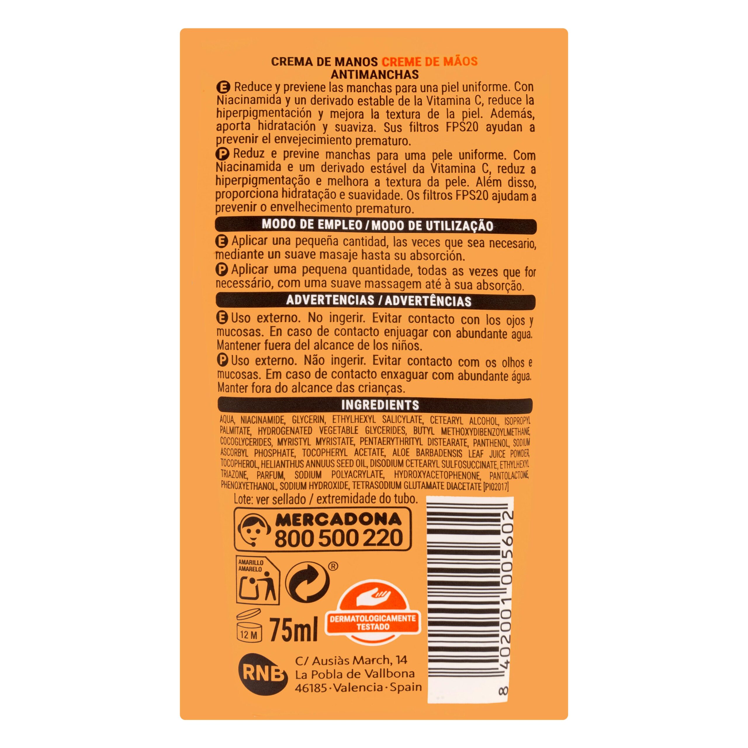Etiqueta Crema de manos anti-manchas Deliplus FPS 20 despigmentante