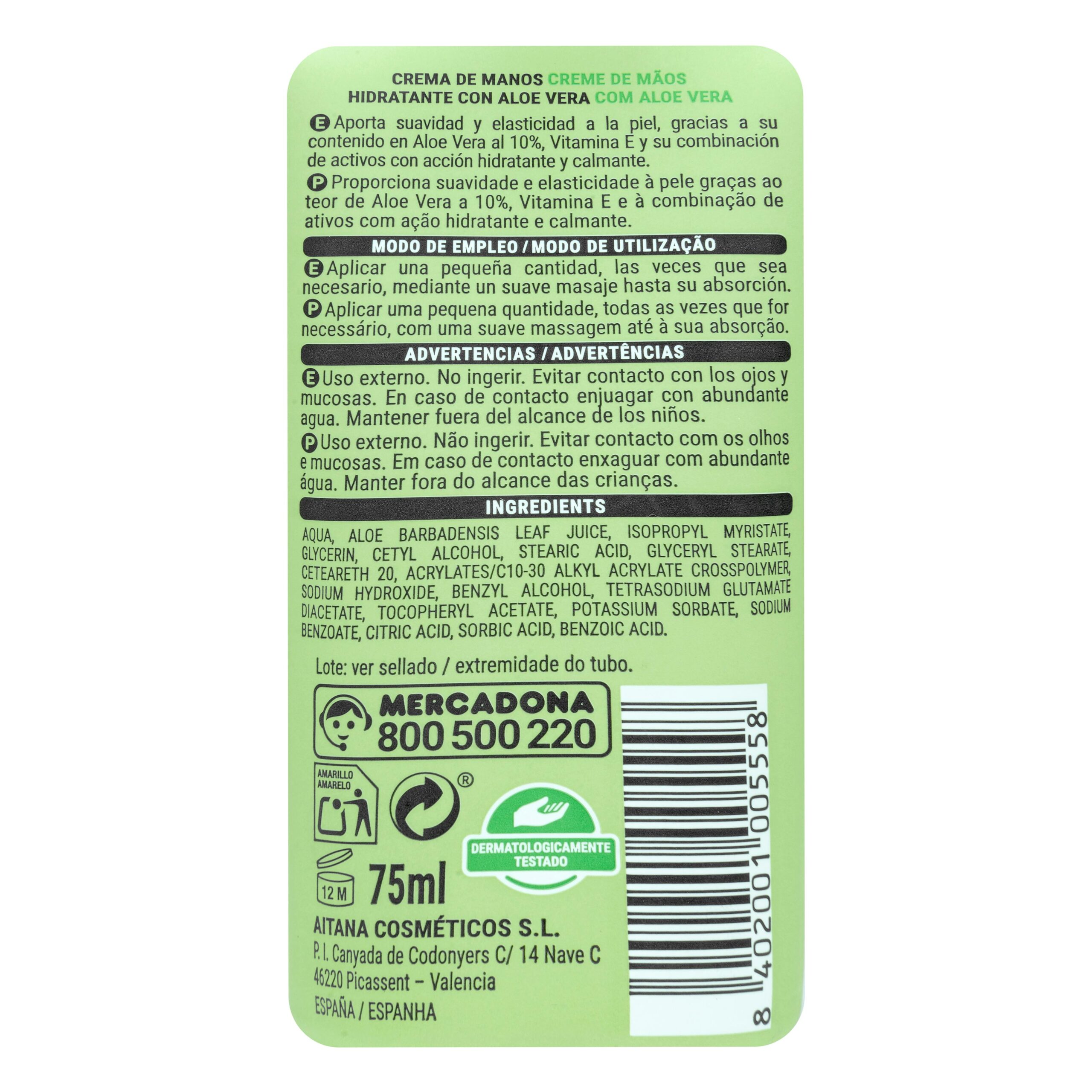 Etiqueta Crema de manos hidratante con aloe vera Deliplus