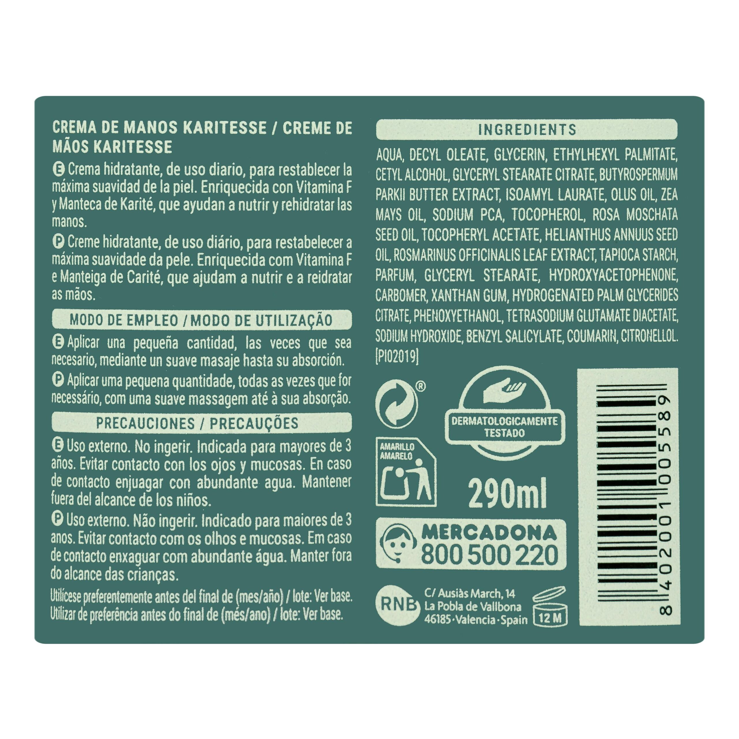 Etiqueta Crema de manos Karitesse Deliplus