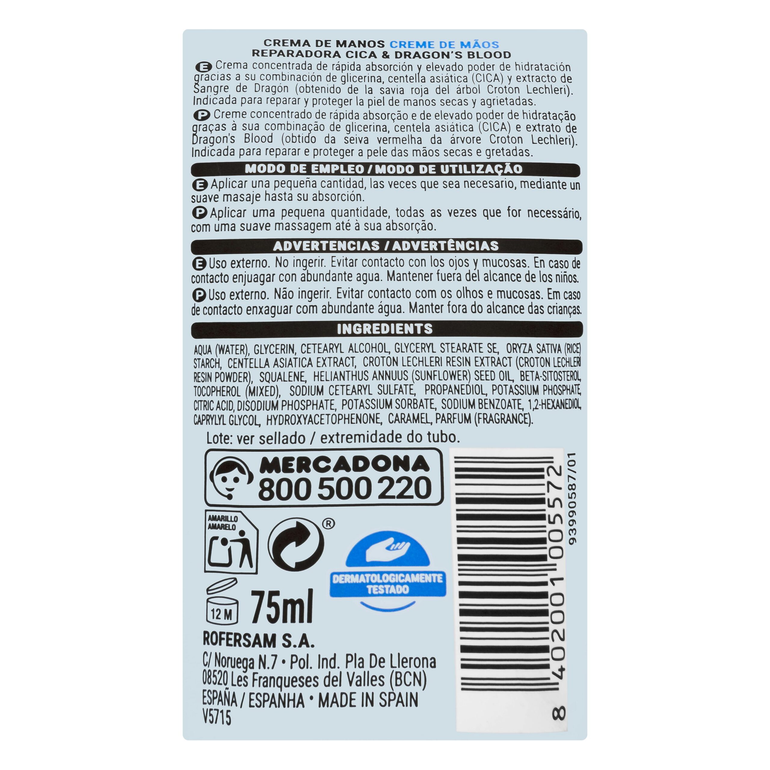 Etiqueta Crema de manos reparadora Deliplus