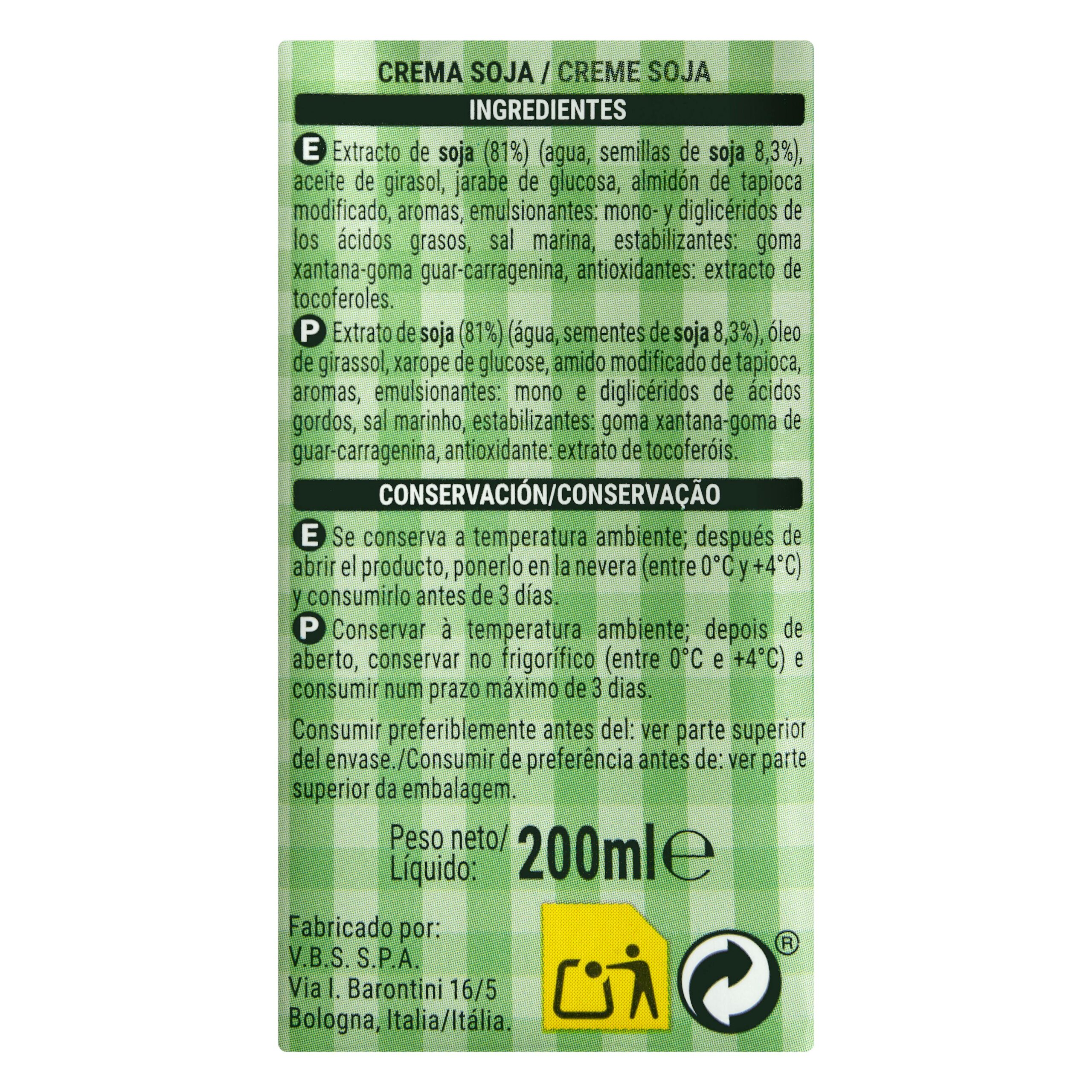 Etiqueta Crema de soja Hacendado