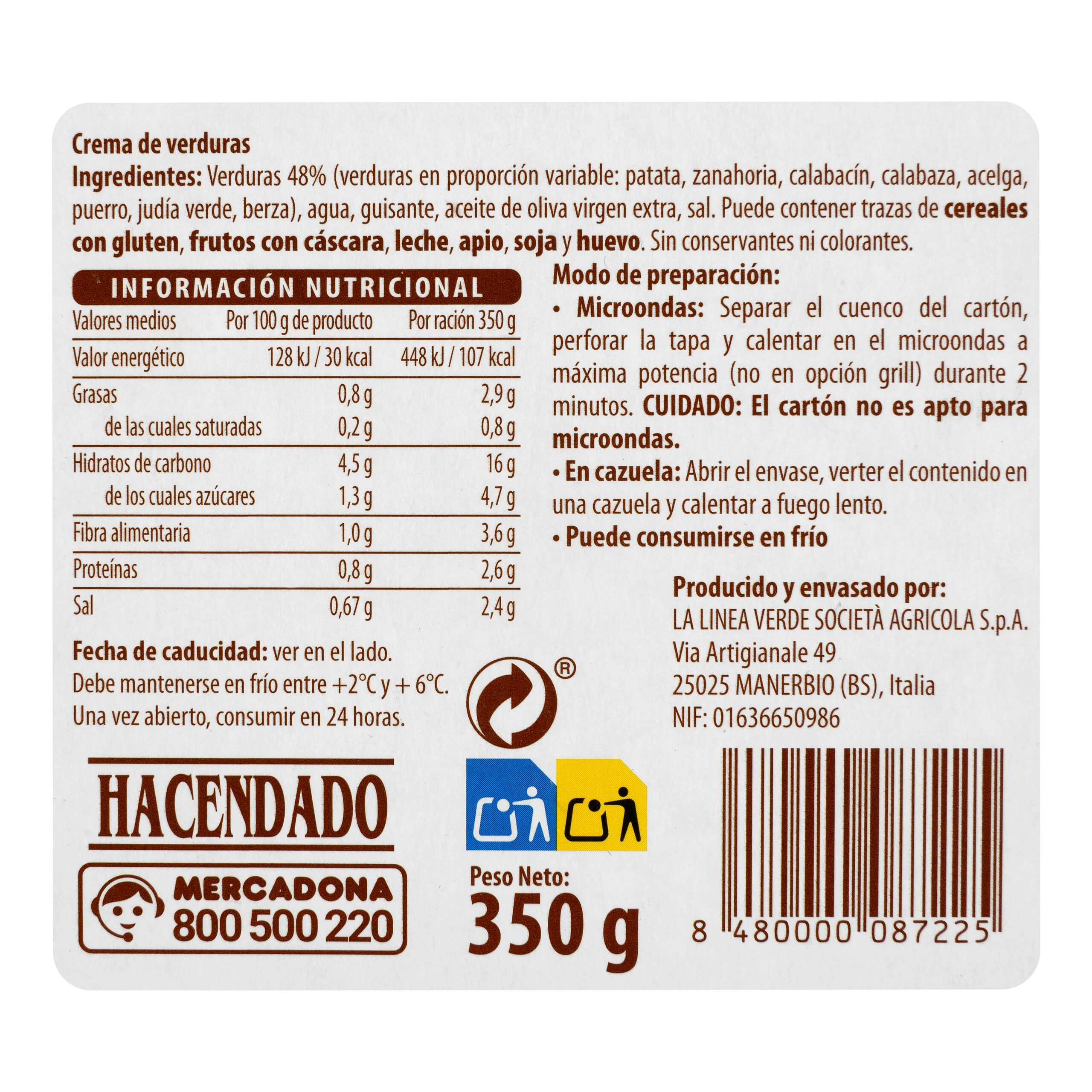 Etiqueta Crema de verduras Hacendado
