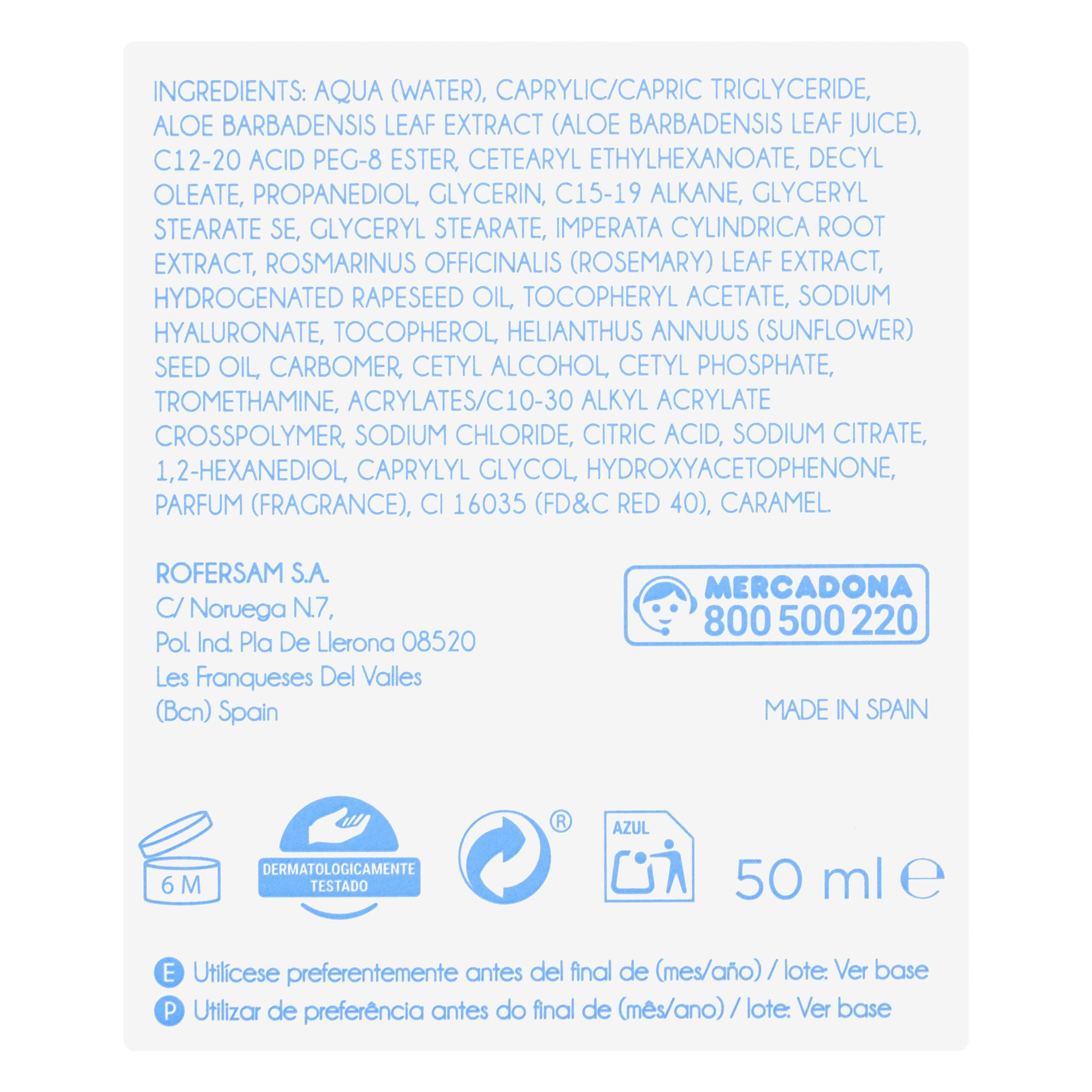 Etiqueta Crema facial Hidrata Deliplus ácido hialurónico y aloe vera todo tipo de piel