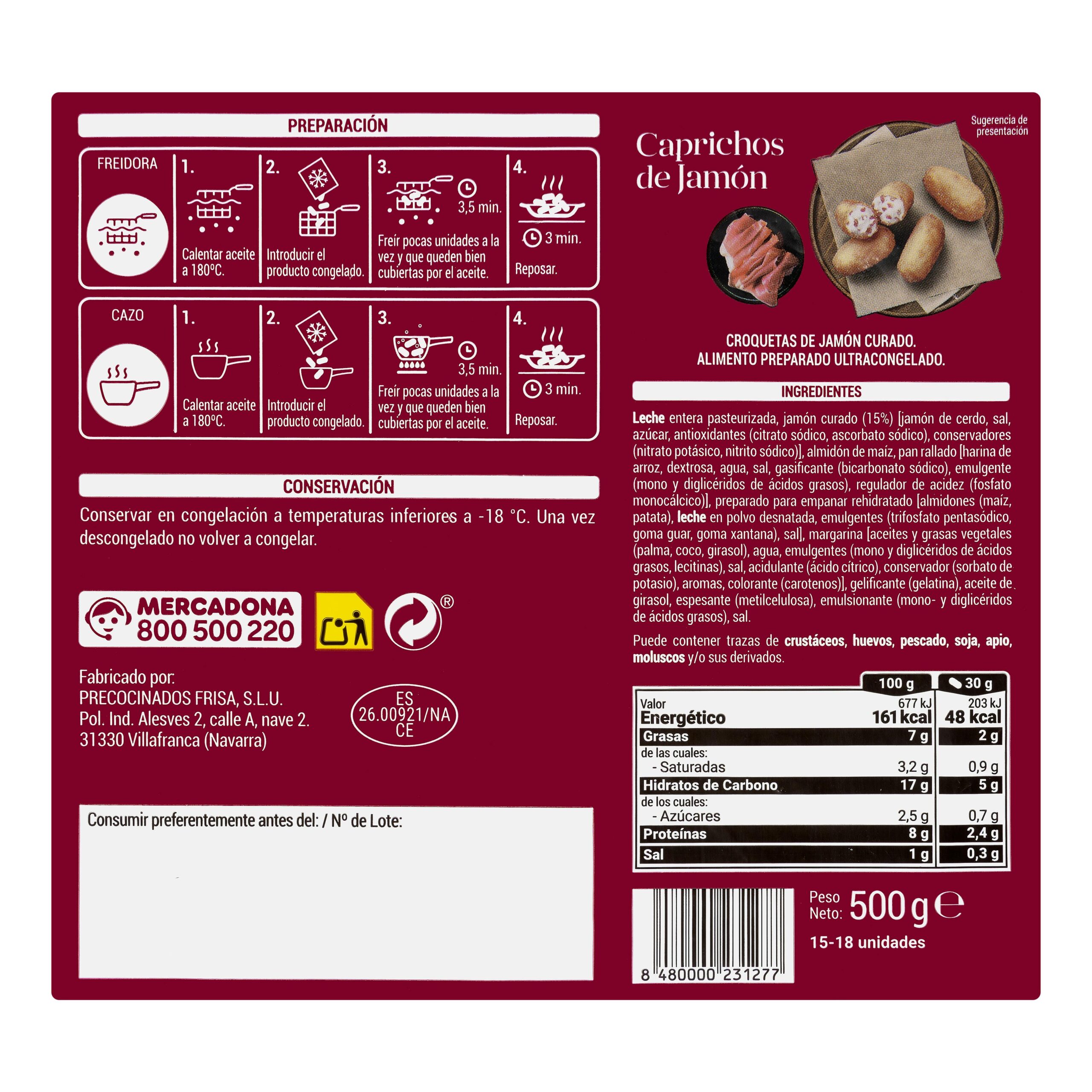 Etiqueta Croquetas caprichos de jamón Hacendado ultracongeladas