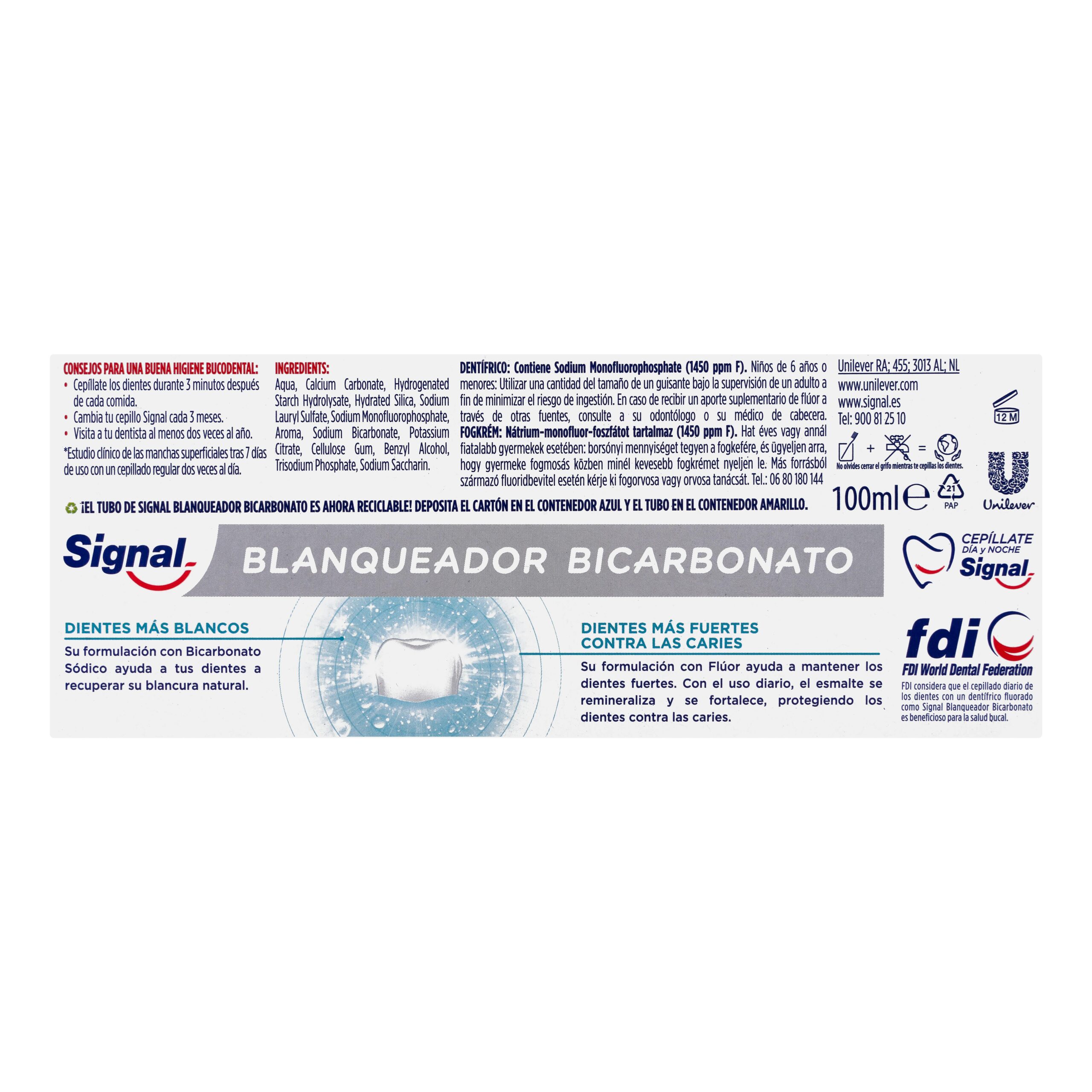Etiqueta Dentífrico Blanqueador Bicarbonato Signal