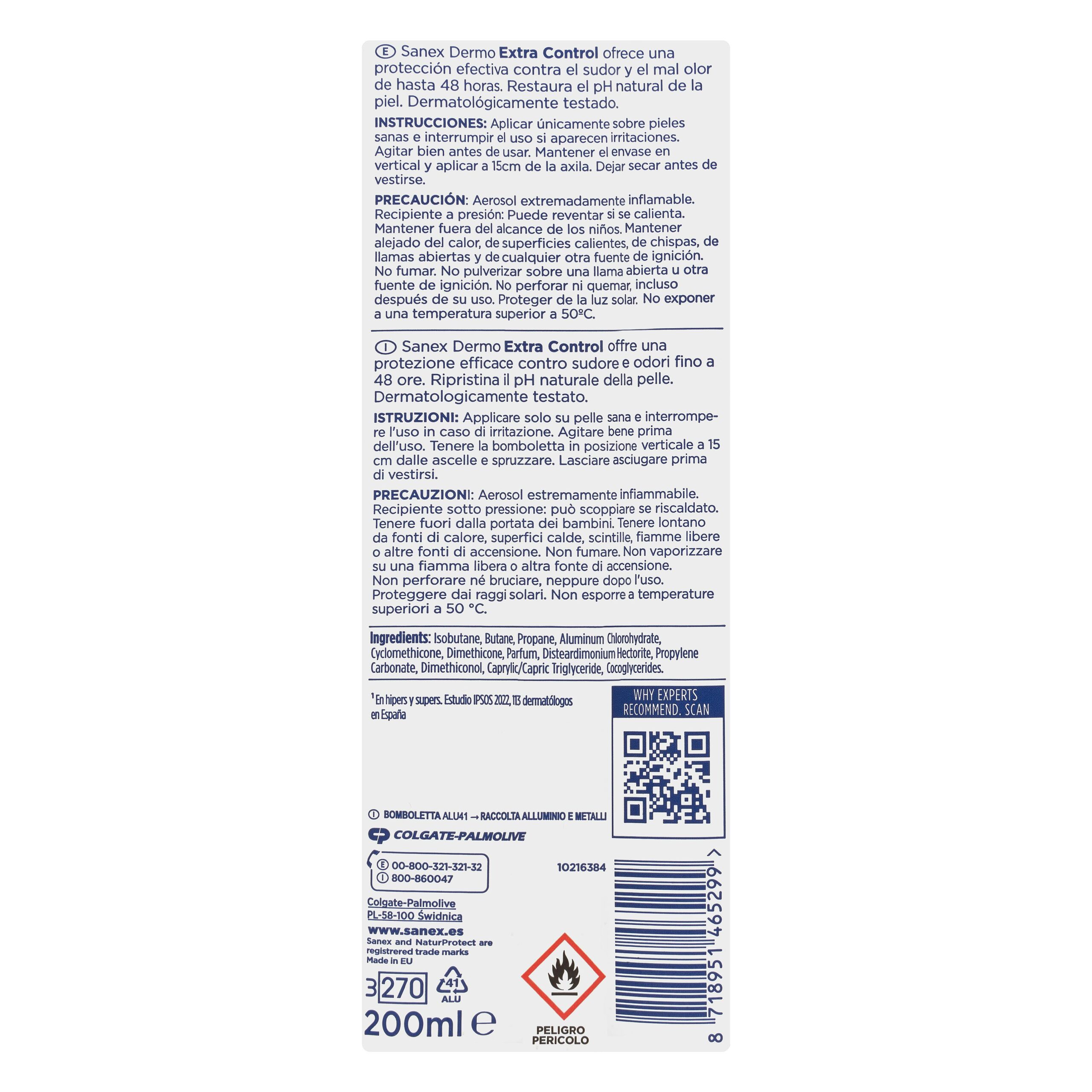Etiqueta Desodorante dermo extra control Sanex antitranspirante