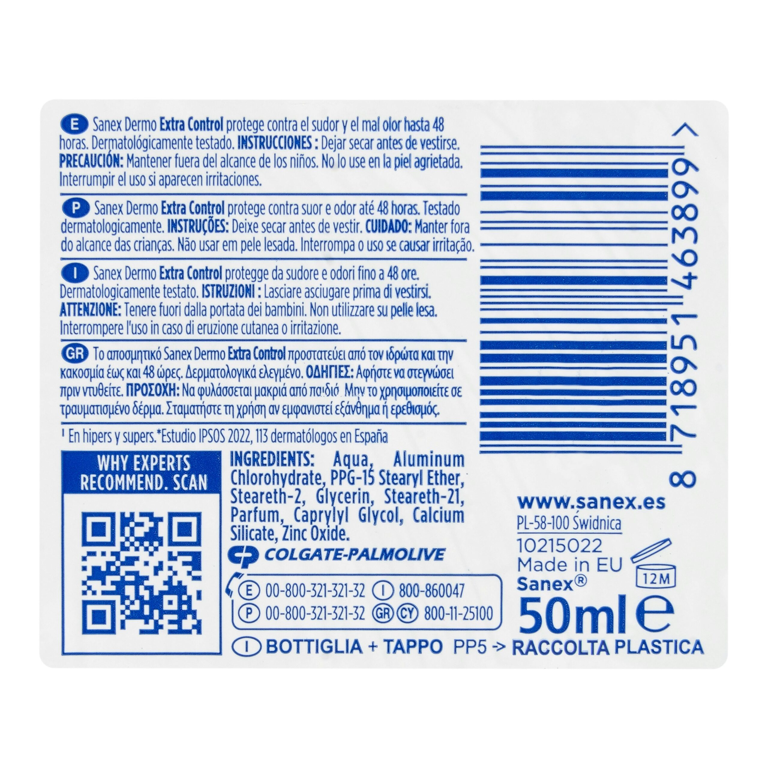 Etiqueta Desodorante roll-on Dermo extra control Sanex antitranspirante