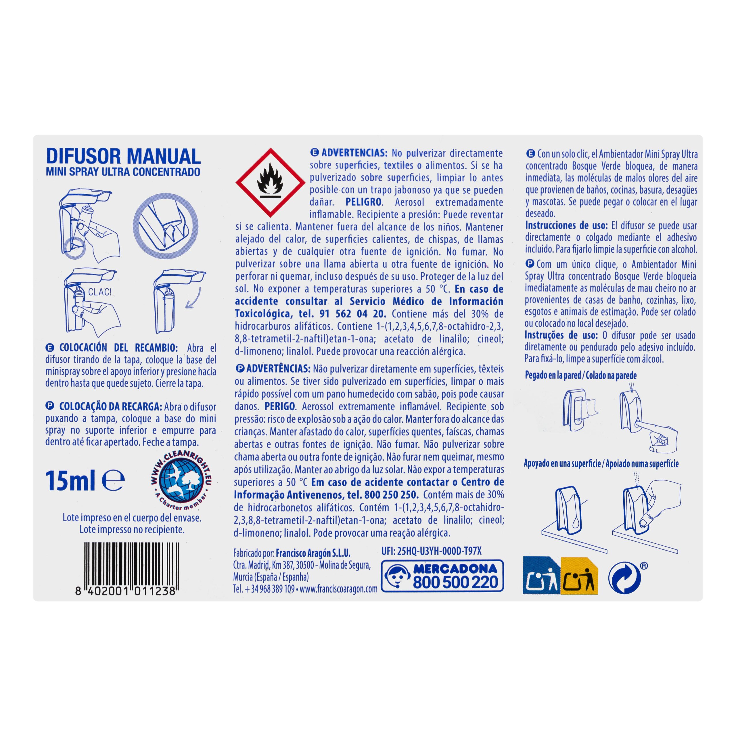 Etiqueta Difusor ambientador spray manual Bosque Verde con recambio Brisa Azul