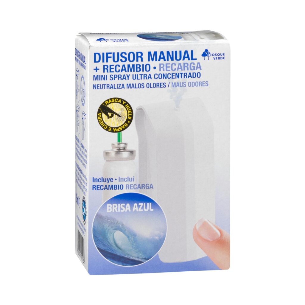 Difusor ambientador spray manual Bosque Verde con recambio Brisa Azul