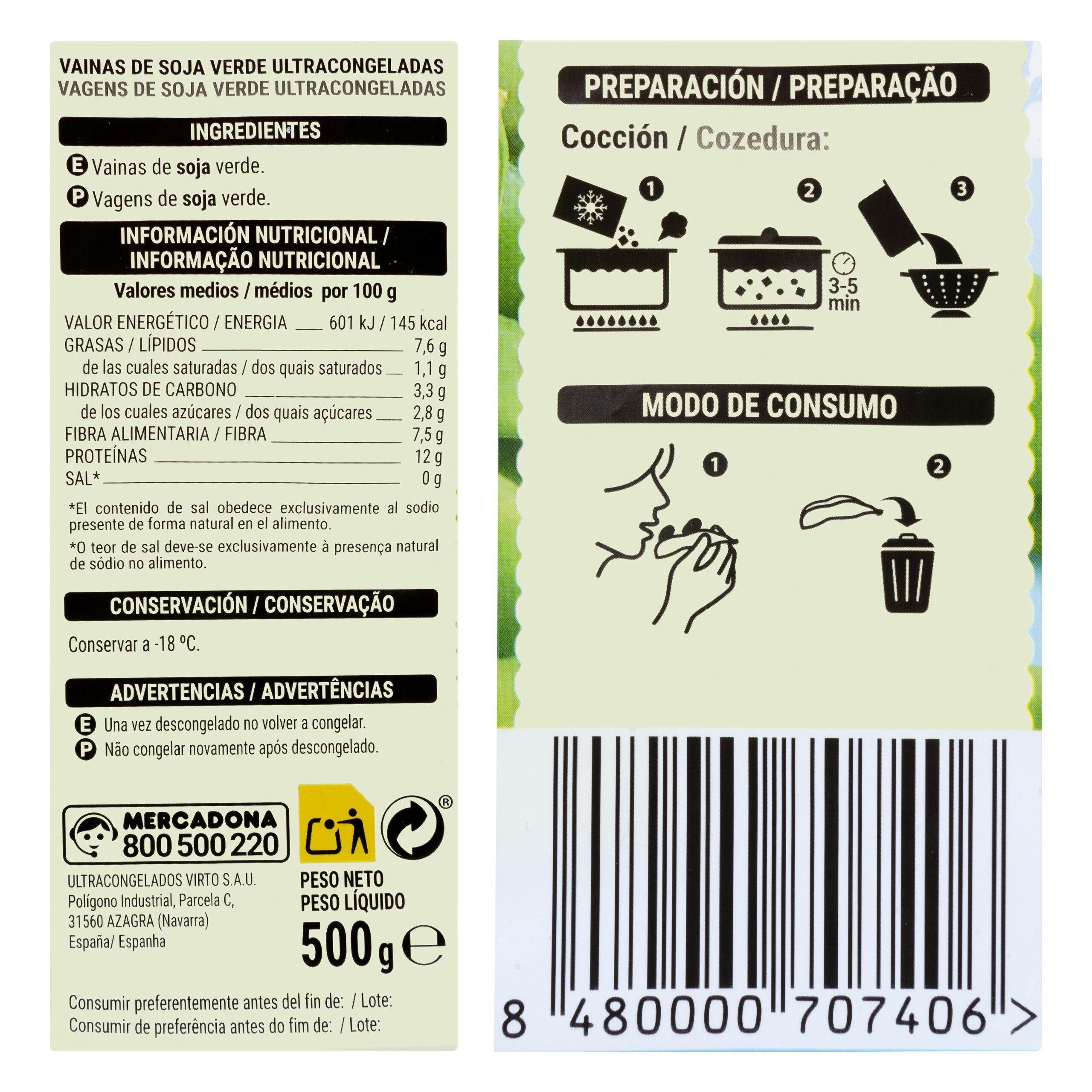 Etiqueta Edamame soja verde Hacendado ultracongelada