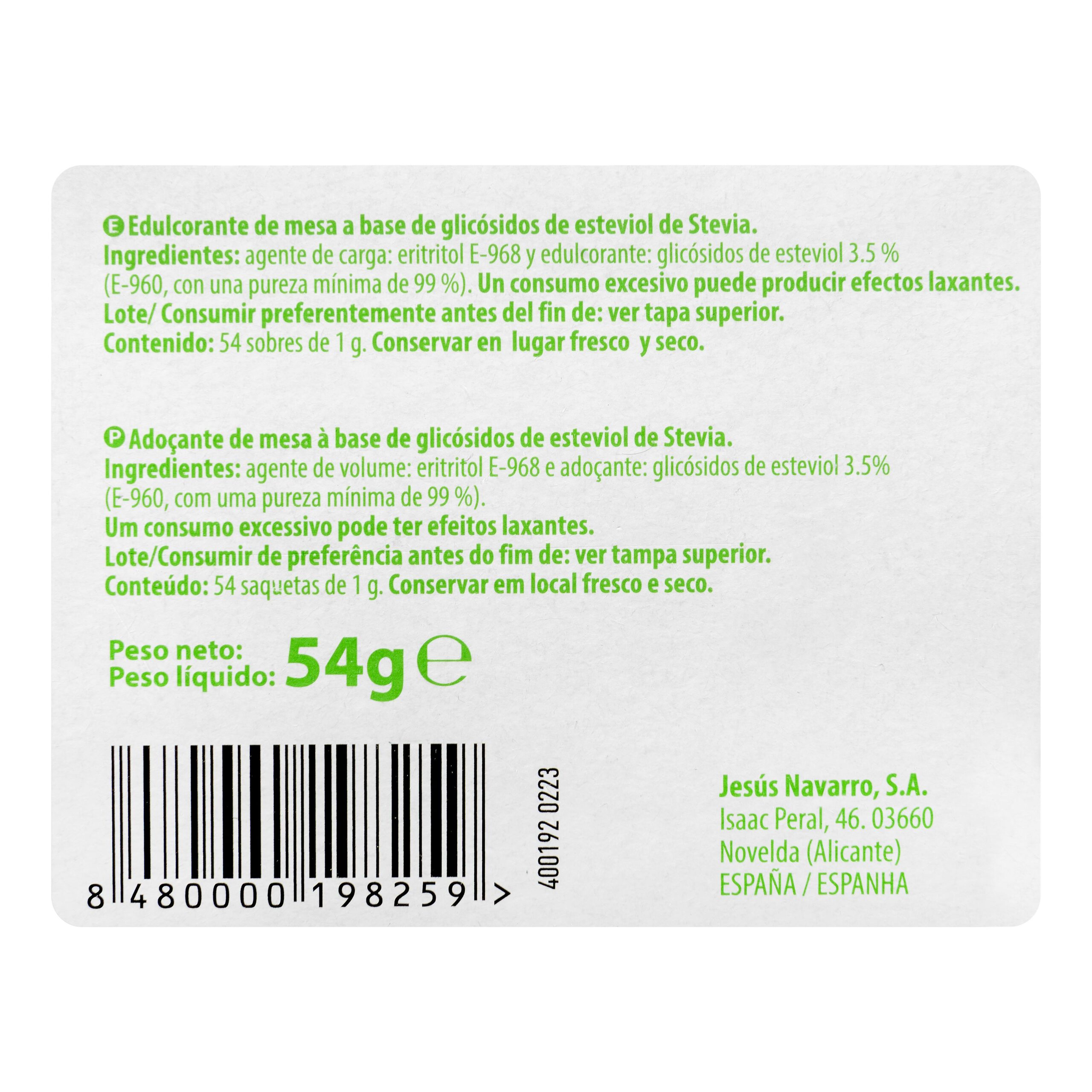 Etiqueta Edulcorante en sobres stevia Hacendado