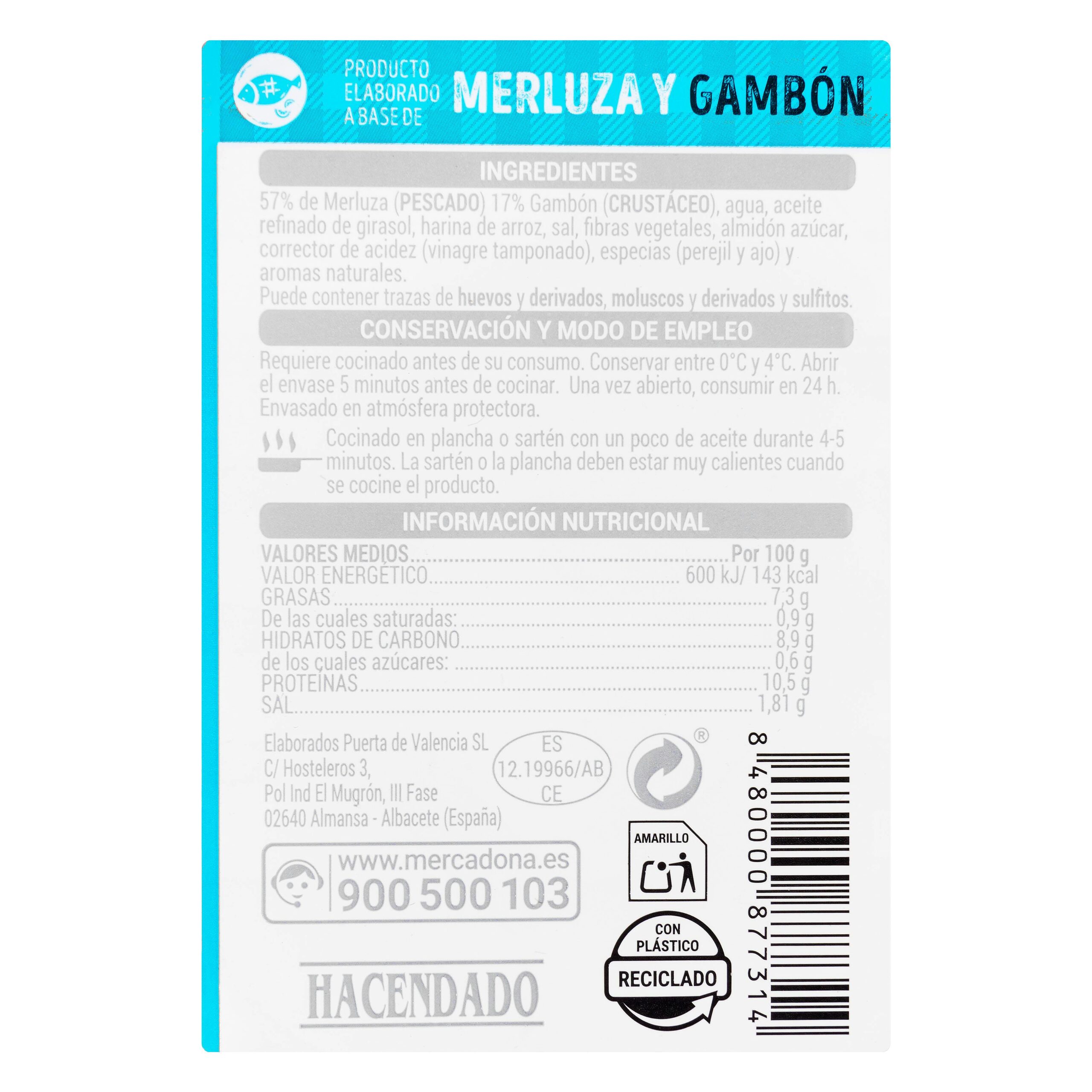 Etiqueta Elaborado de merluza y gambón
