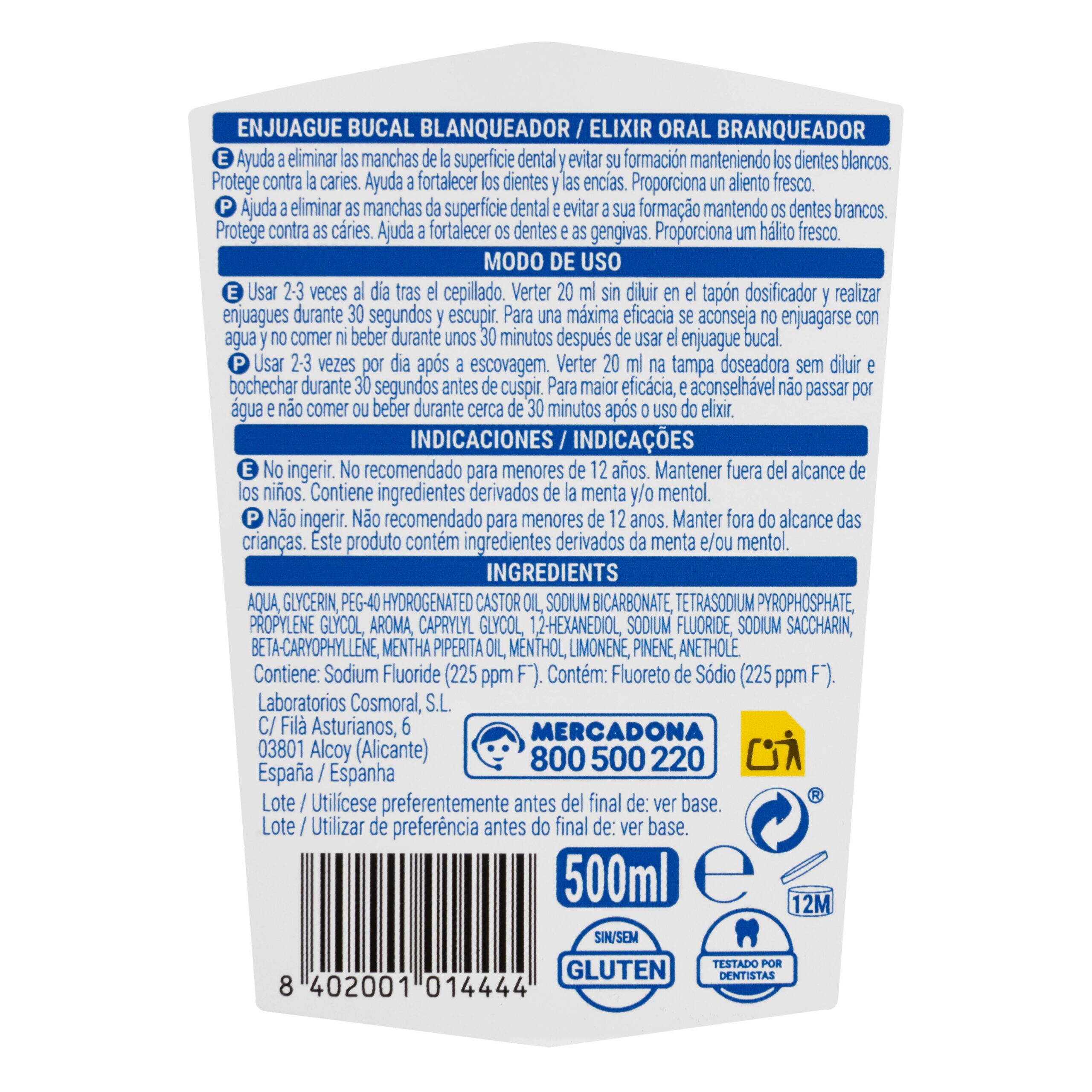 Etiqueta Enjuague bucal Blanqueador Bicarbonato Deliplus zero alcohol