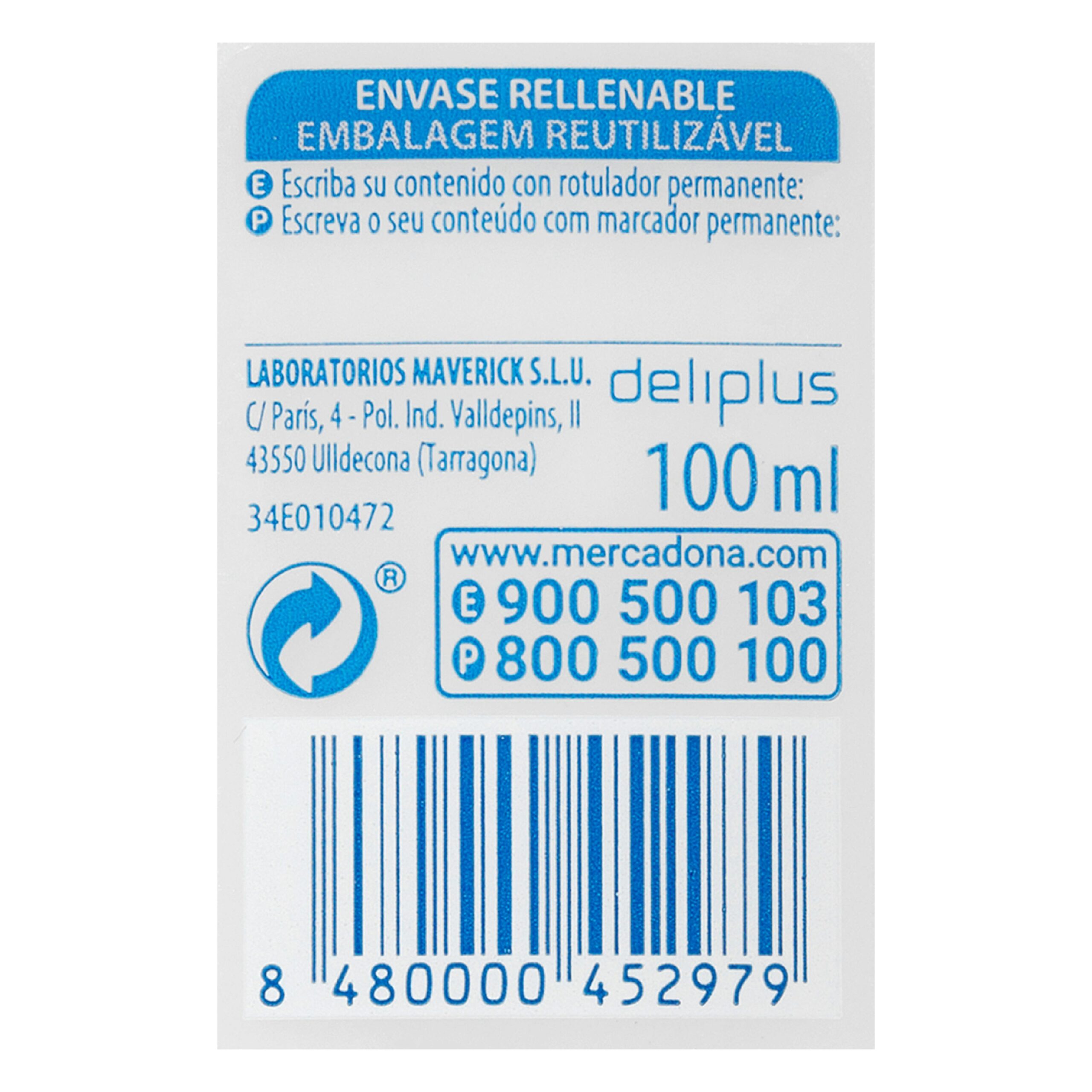 Etiqueta Envase rellenable Deliplus tamaño viaje