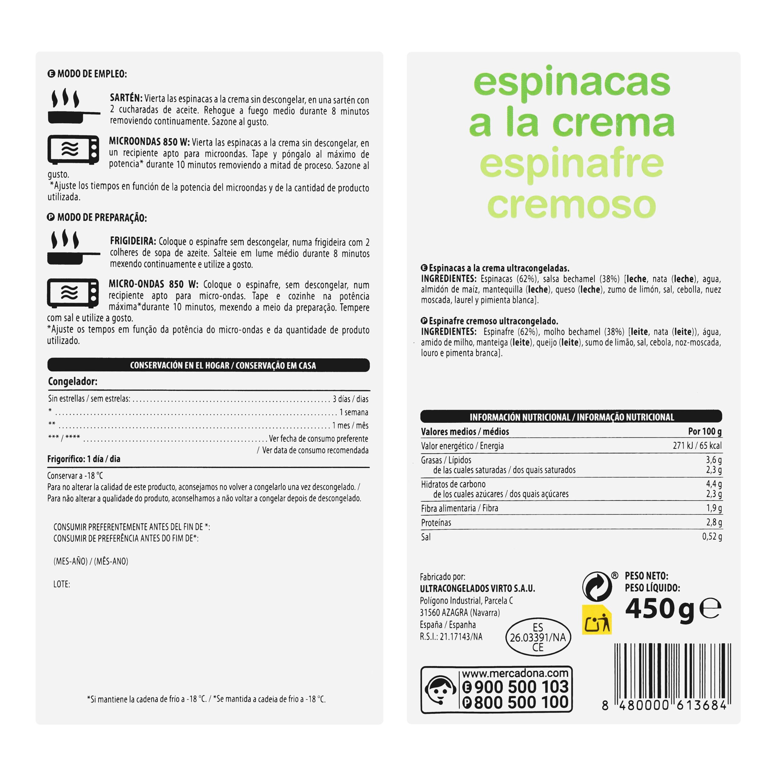 Etiqueta Espinacas a la crema Hacendado ultracongeladas