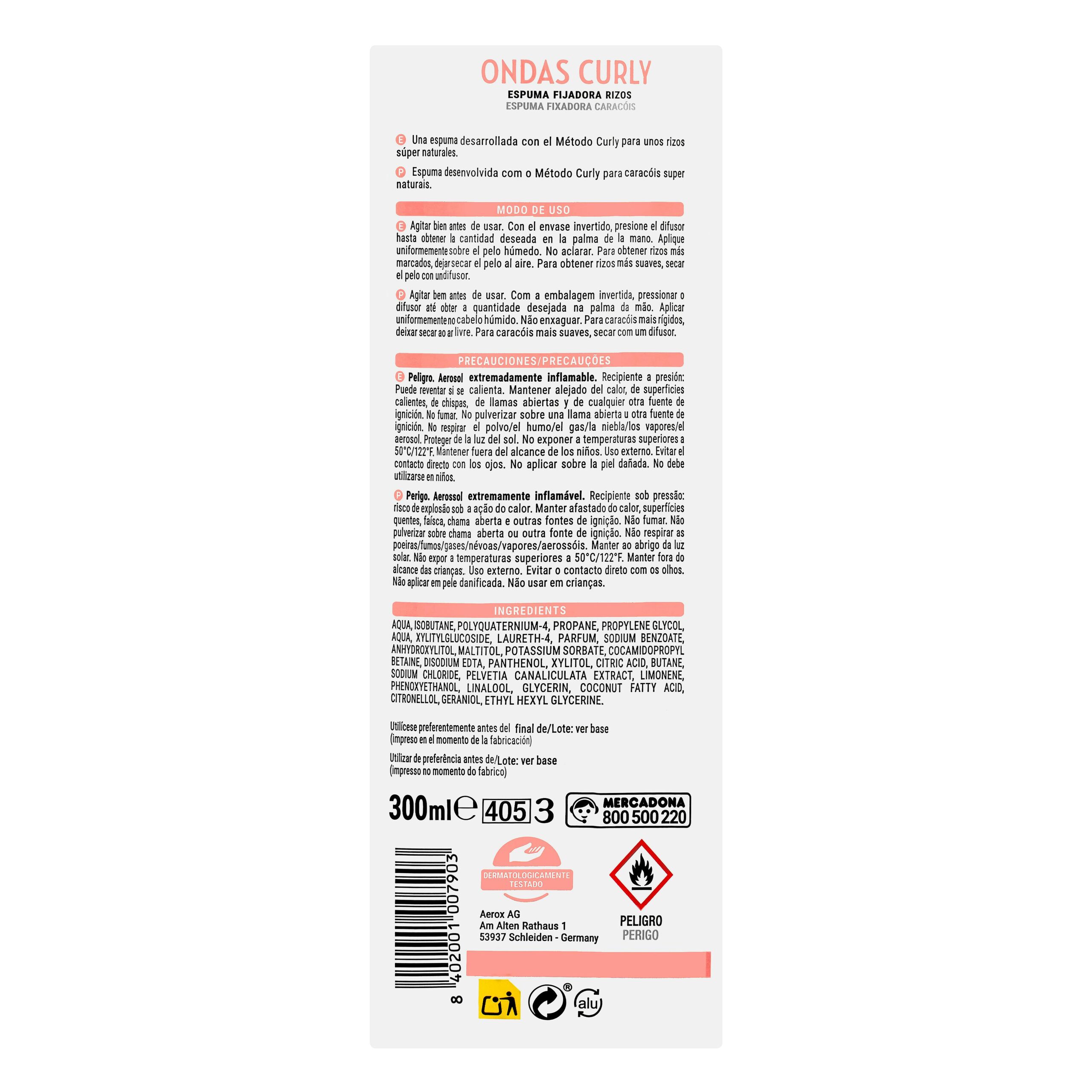 Etiqueta Espuma cabello Ondas Curly Deliplus fijación 3 ProFix
