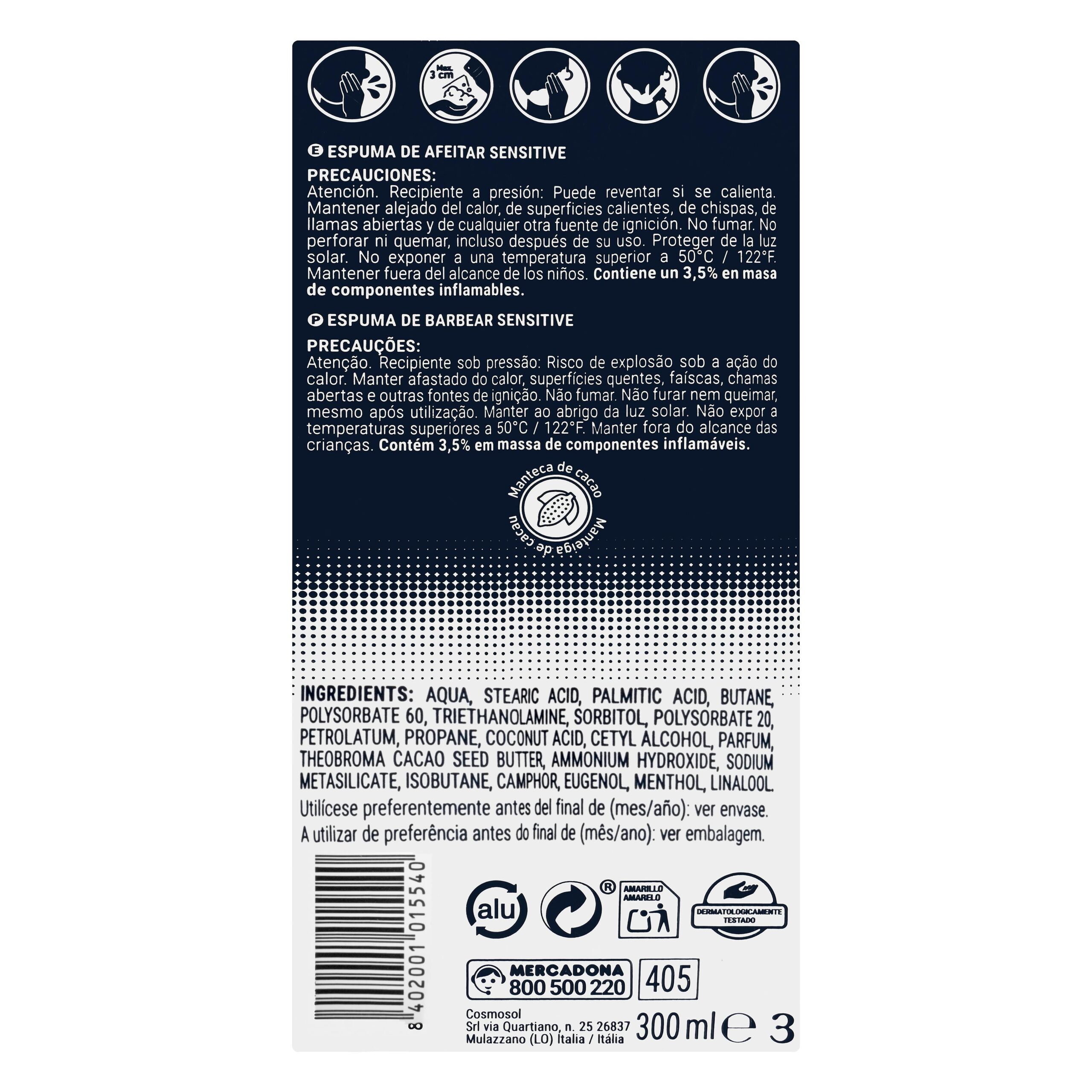 Etiqueta Espuma de afeitar Sensitive Deliplus manteca de cacao