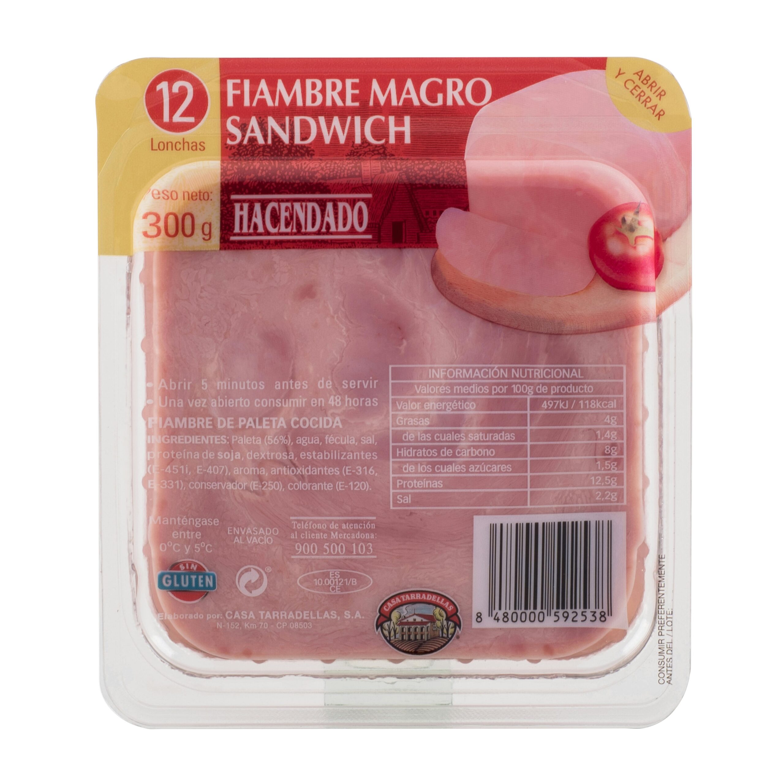 Fiambre magro sándwich Hacendado lonchas Mercadona