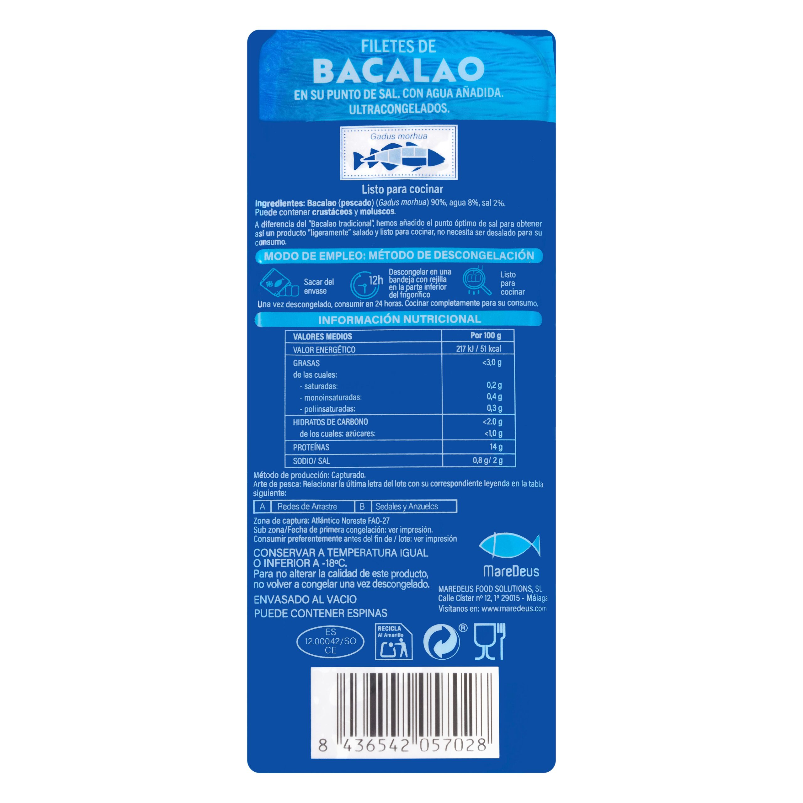 Etiqueta Filetes de bacalao Maredeus ultracongelado en su punto de sal