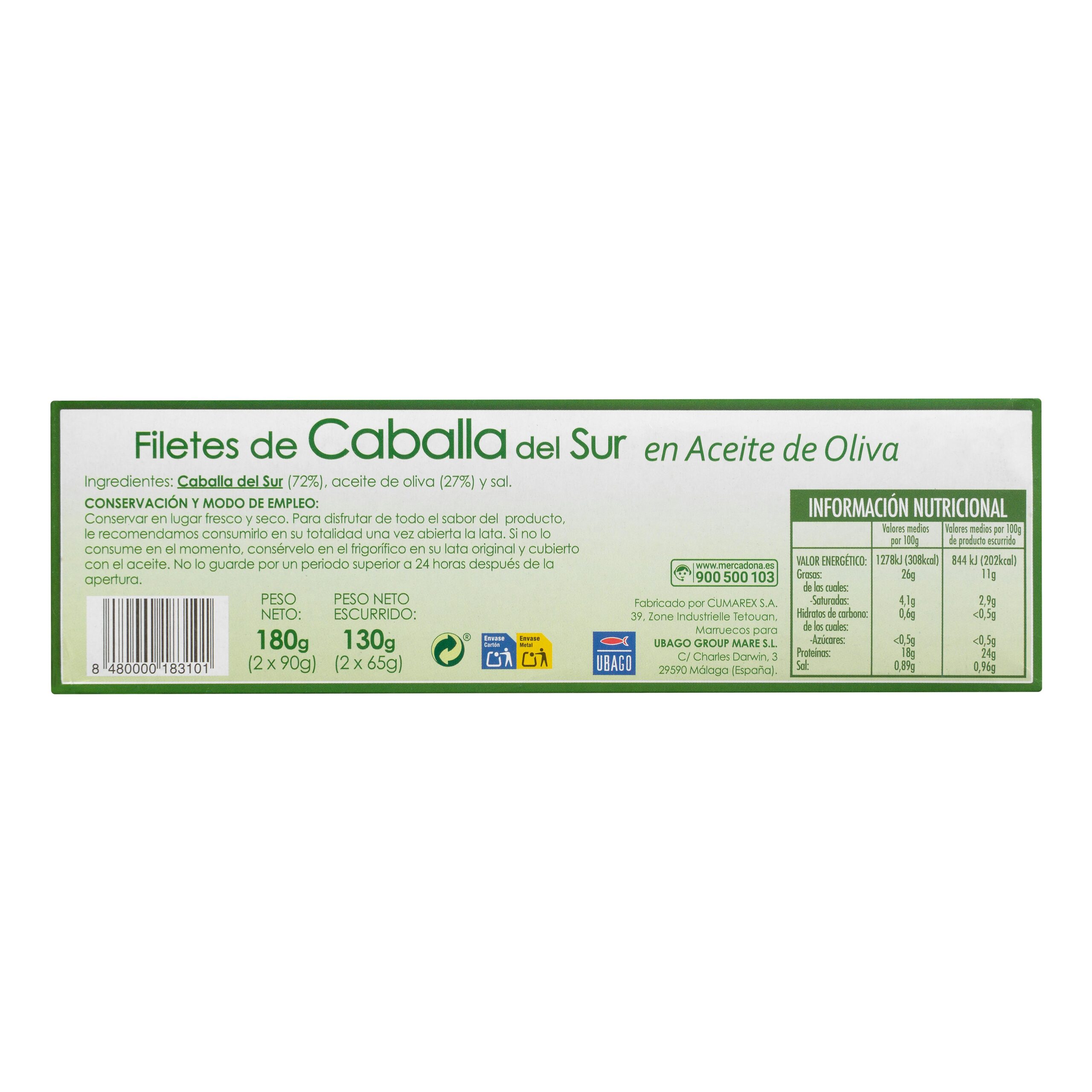 Etiqueta Filetes de caballa del sur en aceite de oliva Hacendado