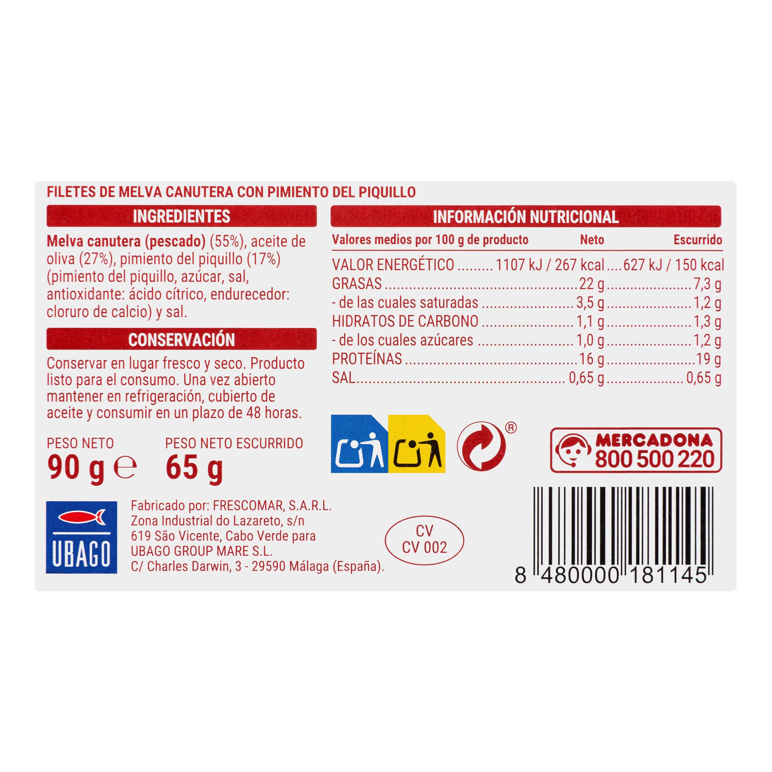 Etiqueta Filetes de melva canutera con pimientos del piquillo Hacendado en aceite de oliva