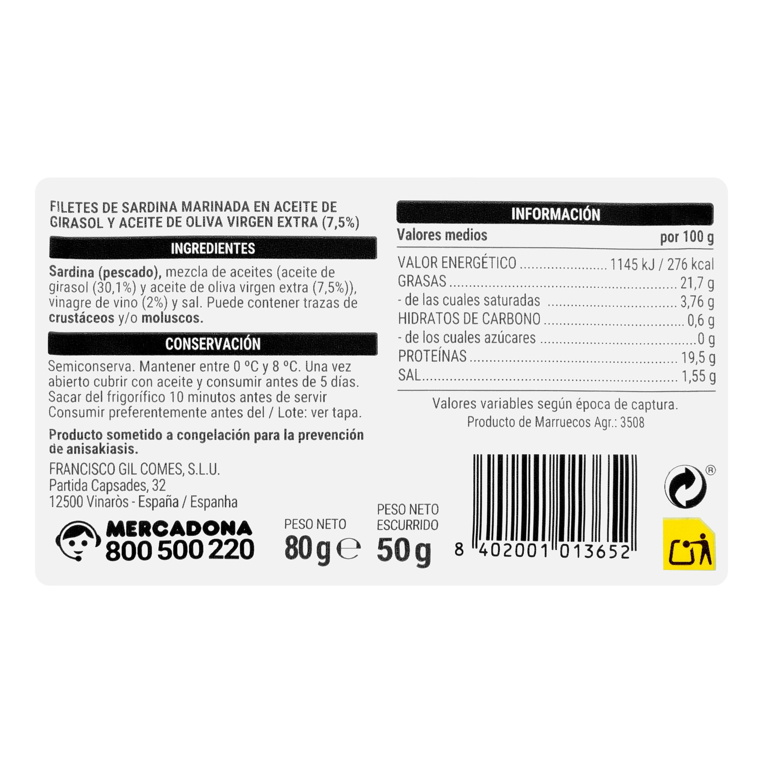 Etiqueta Filetes de sardina marinada Hacendado en aceite de oliva virgen extra