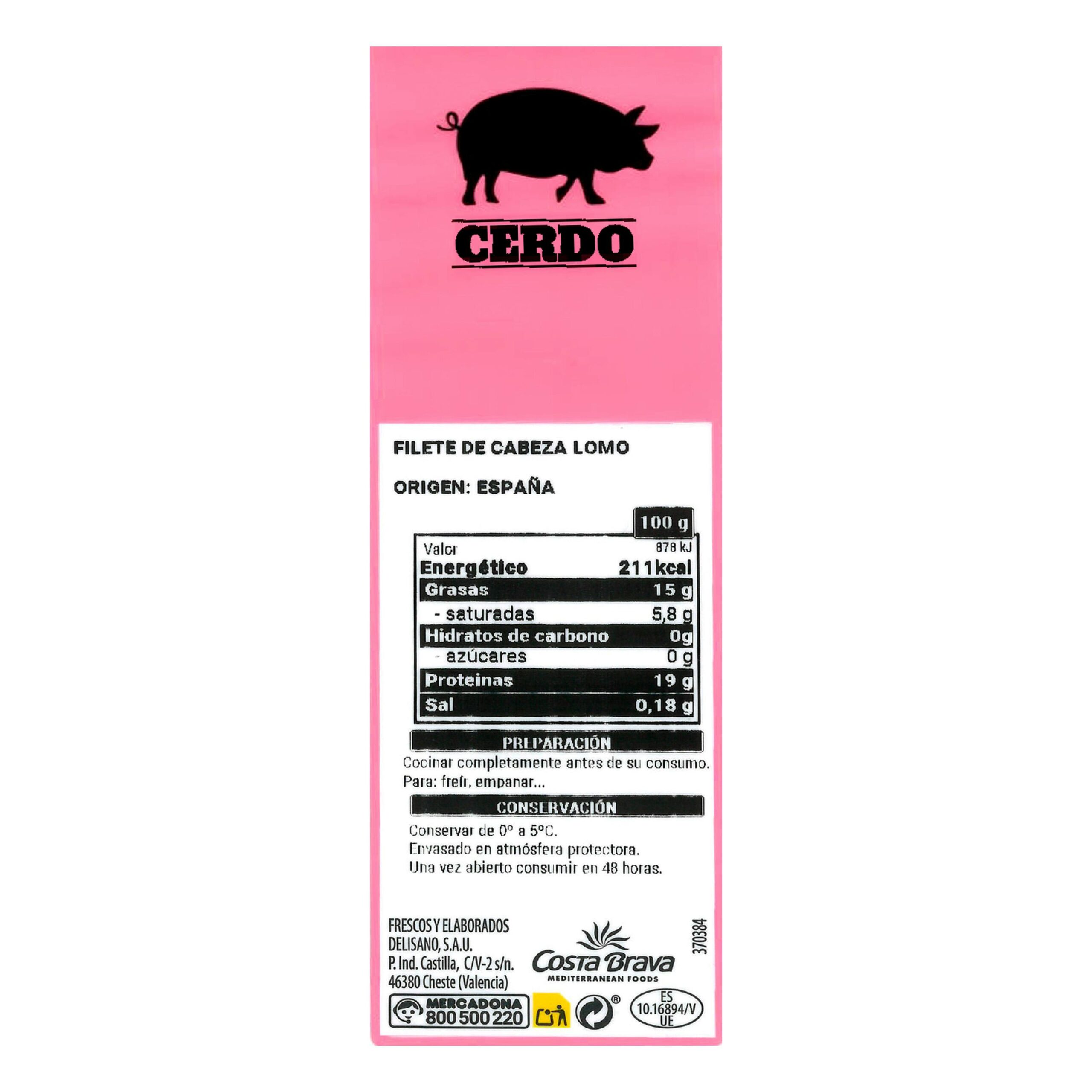 Etiqueta Filetes lomo de cerdo cabeza