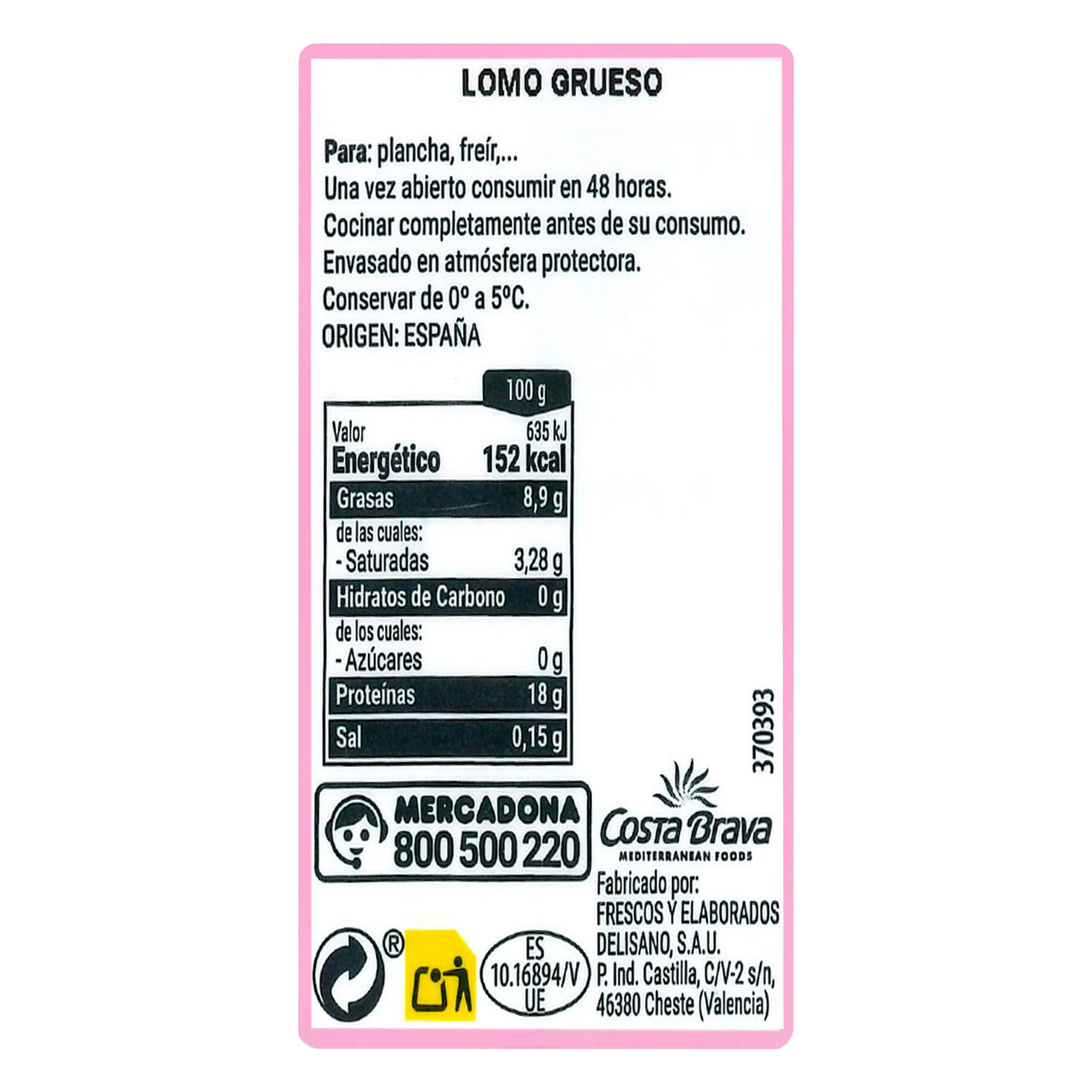 Etiqueta Filetes lomo de cerdo grueso