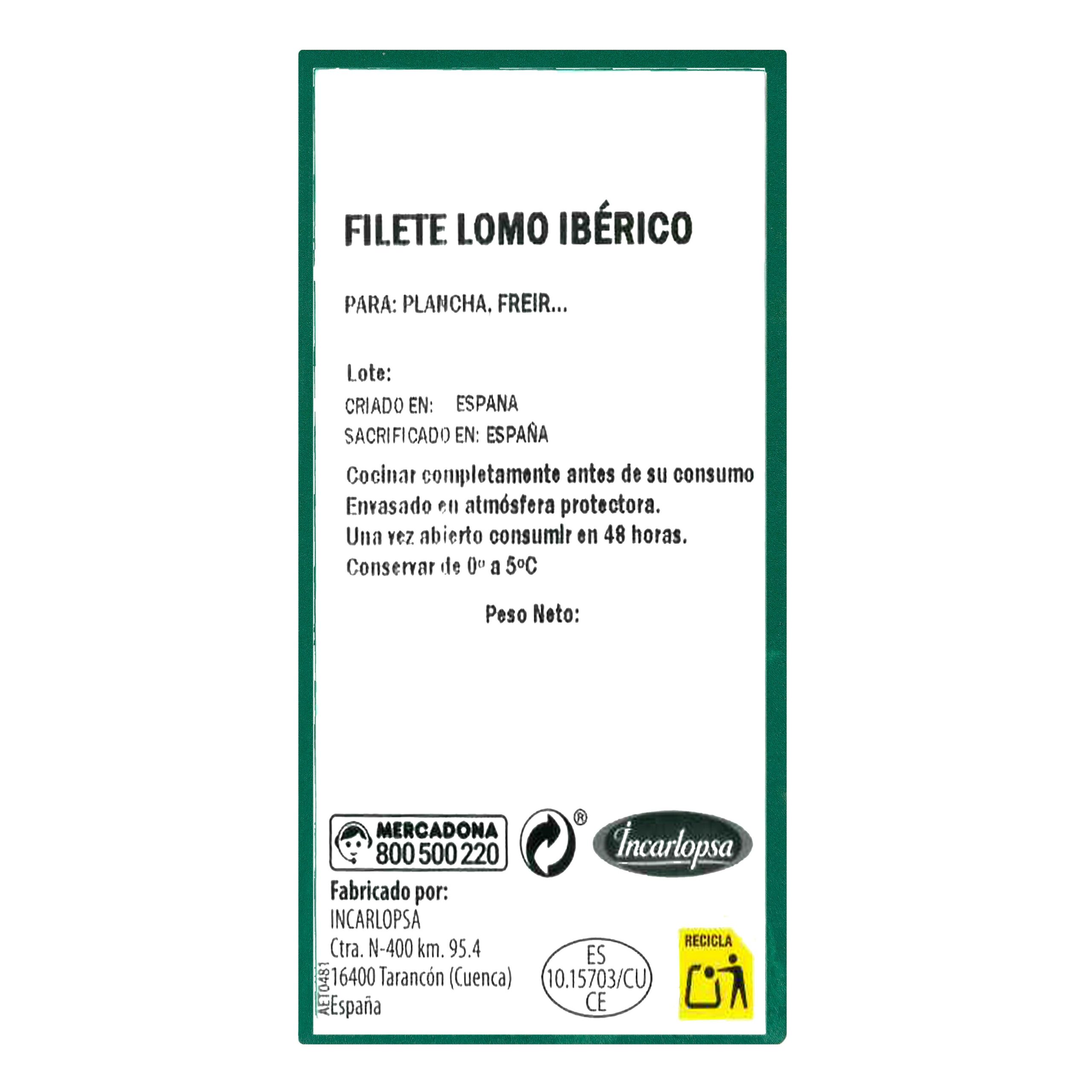 Etiqueta Filetes lomo de cerdo ibérico