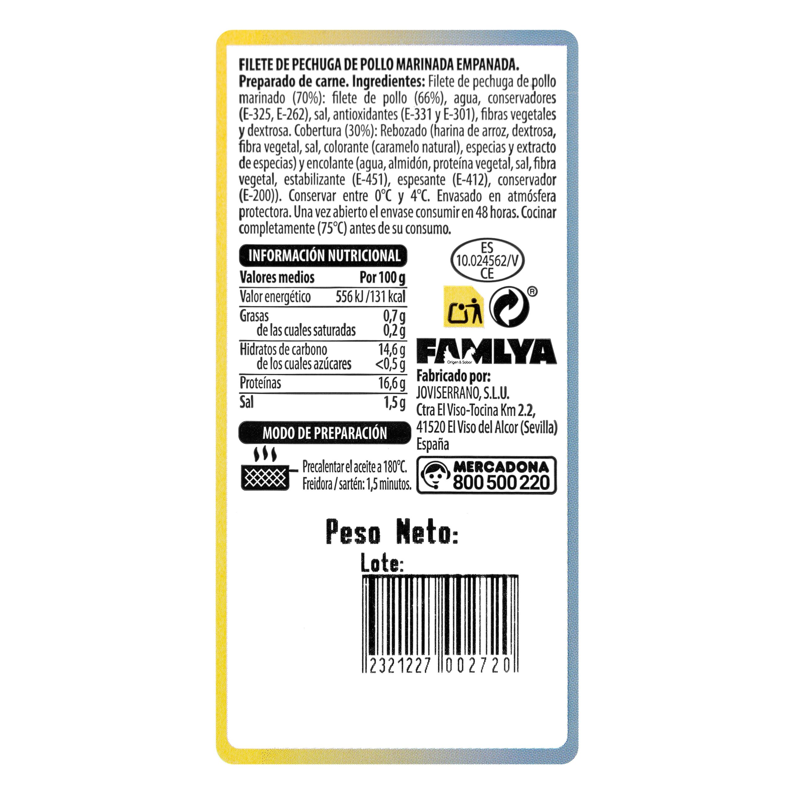 Etiqueta Filetes pechuga de pollo marinadas empanadas sin gluten